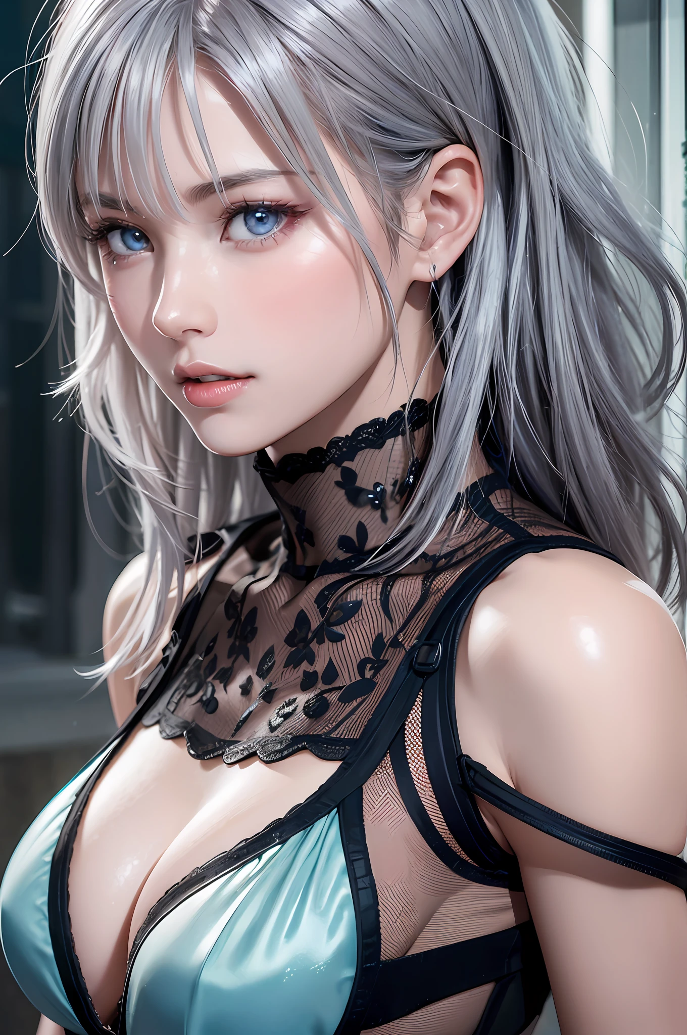 top-quality、8K Masterpiece、超A high resolution、(Photorealsitic:1.3)、Raw photo、1人、silver white hair、glowy skin、1 Cyberpunk Super Beautiful Soldier、((super realistic details))、portlate、globalillumination、Shadow、octan render、8K、ultrasharp、beauty breast、Raw skin is exposed in cleavage、metals、cold color、、highly intricate detail、Realistic light、CGSoation Trends、Beautiful eyes、radiant eyes、Facing the camera、neon details、