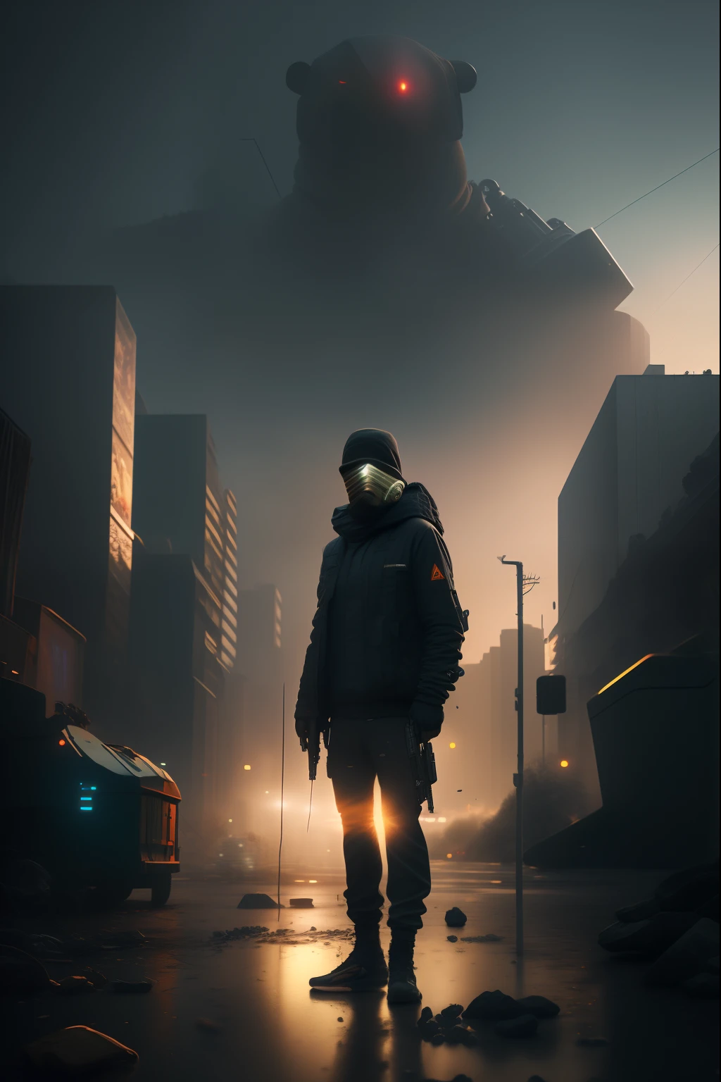 A dystopian cityscape with towering skyscrapers engulfed in smog and toxic haze. The streets are littered with discarded waste and abandoned vehicles. In the foreground, a group of people wearing gas masks and protective suits can be seen navigating through the polluted environment.
Modifiers: Dark, ominous, polluted, deteriorating, post-apocalyptic, suffocating, somber, toxic, industrial.
Artist or style inspiration: Inspired by the works of Syd Mead, H.R. Giger, and Simon Stålenhag, with a blend of cyberpunk and environmental concept art.
Technical specifications: Highly detailed digital painting, atmospheric lighting, emphasizing the dense pollution, and a gritty aesthetic. --auto