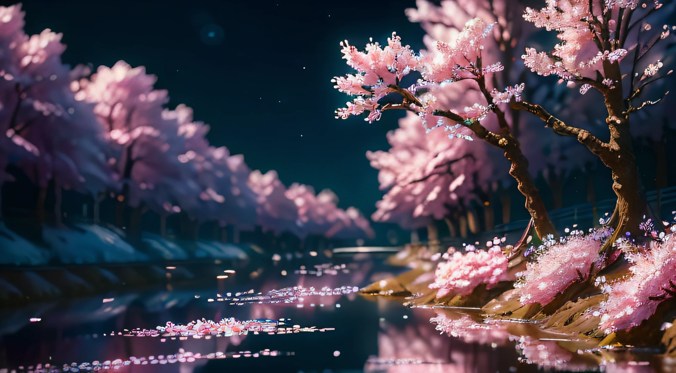 Crystal Spring Blossom、, Fantasia、intergalactic、cleanness、, glinting、Shines、magnifica、colourfull、, magical photography, Dramatic Lighting, photorealisim, The ultra-detailliert, depth of fields, hight resolution, a river, There are many rows of cherry blossom trees on both sides, 4K