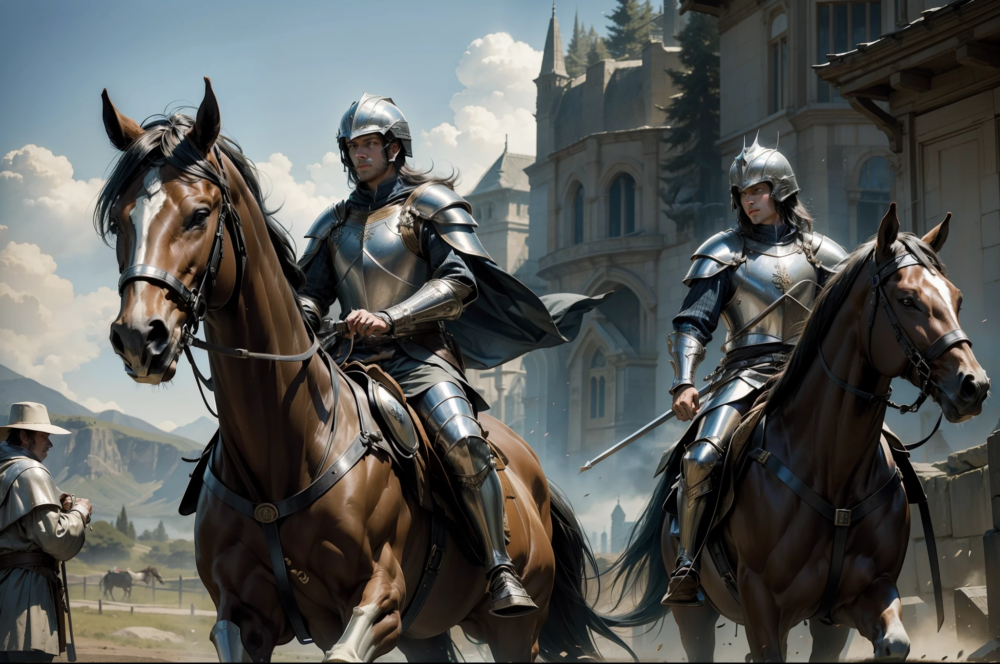 A handsome young man wearing medieval armour, walking, holding his helmet. Horse with tournament clothing behind him. Dynamic, photorealistic, dramatic illumination, highly detailed.