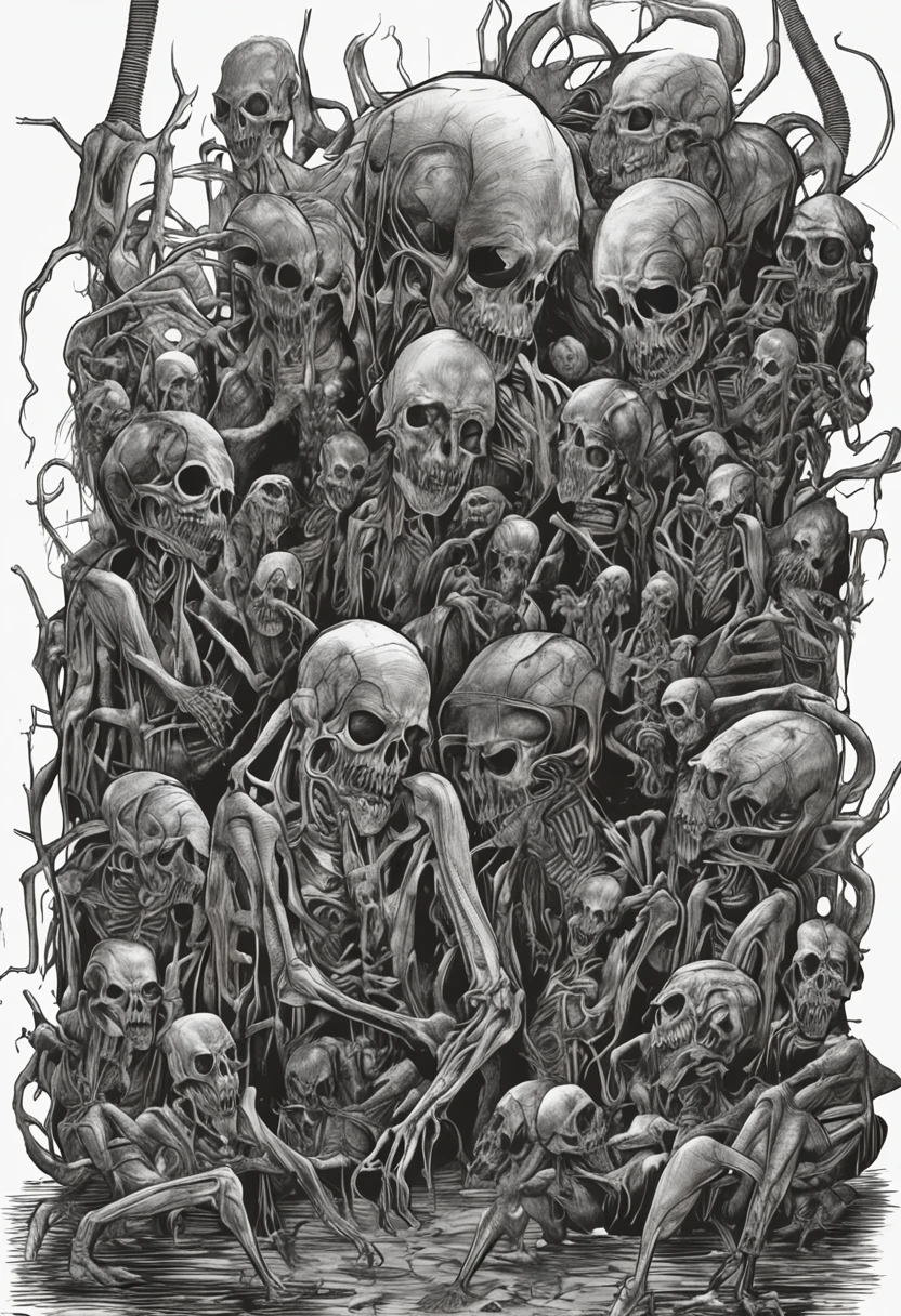 zombie Scene HR Giger Style ::n_Style drawing, Low quality defects, human - shaped, games, Anime, black and white