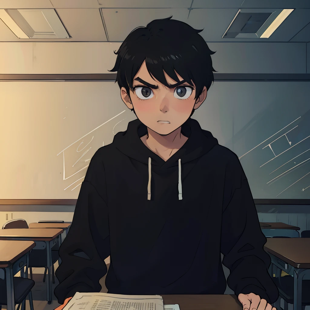 best qualityer,One was wearing a black sweatshirt,Boy with short black hair,with a determined look in his eyes,The expression is serious,Stand in the classroom,