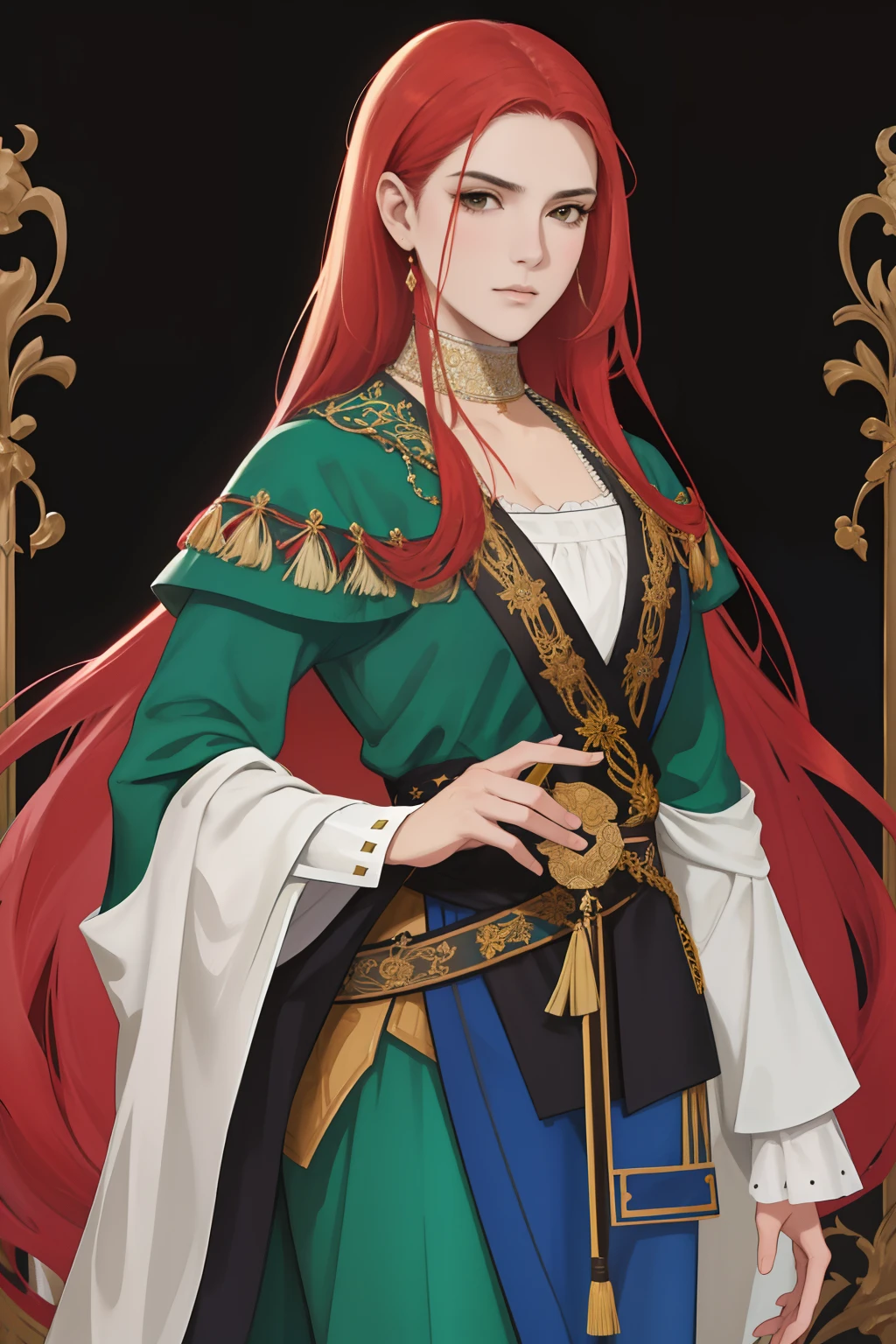 NSFW, obra-prima, melhor qualidade, ultra-detalhado, semi-realista, detailedfacialfeatures,1mulher,Woman wearing clothes from the Ottoman Empire,cabelos compridos vermelhos,olhos verdes,mulher sensual,voluptuosa,seios grandes,bastante feminina,mulher guerreira,valente,violenta,arrogante,muito bonita,Standing stately holding a Saracen sword,