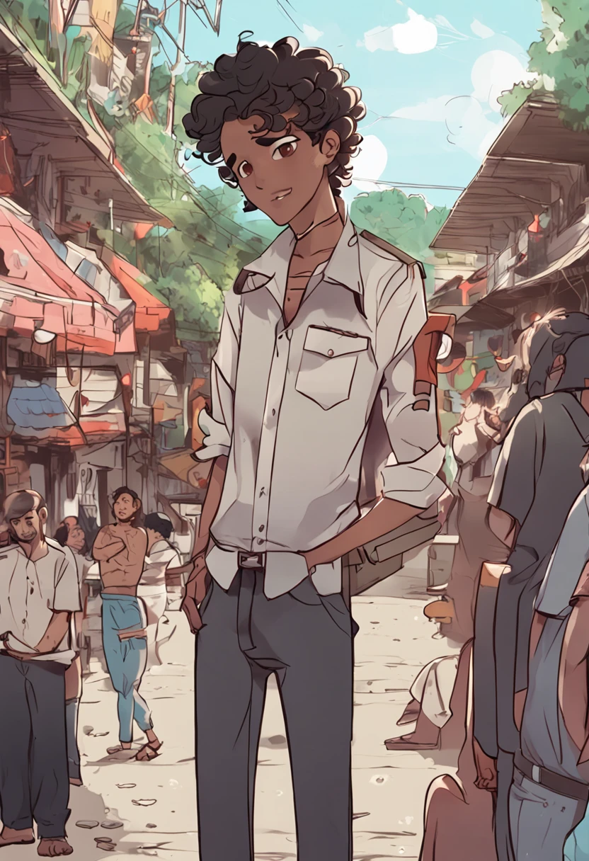 anime type, south Indian youngster, black curly hair, brown eyes, black shirt, whitish pant, Occupation: podcaster, light beard and mustache, looking at viewers
