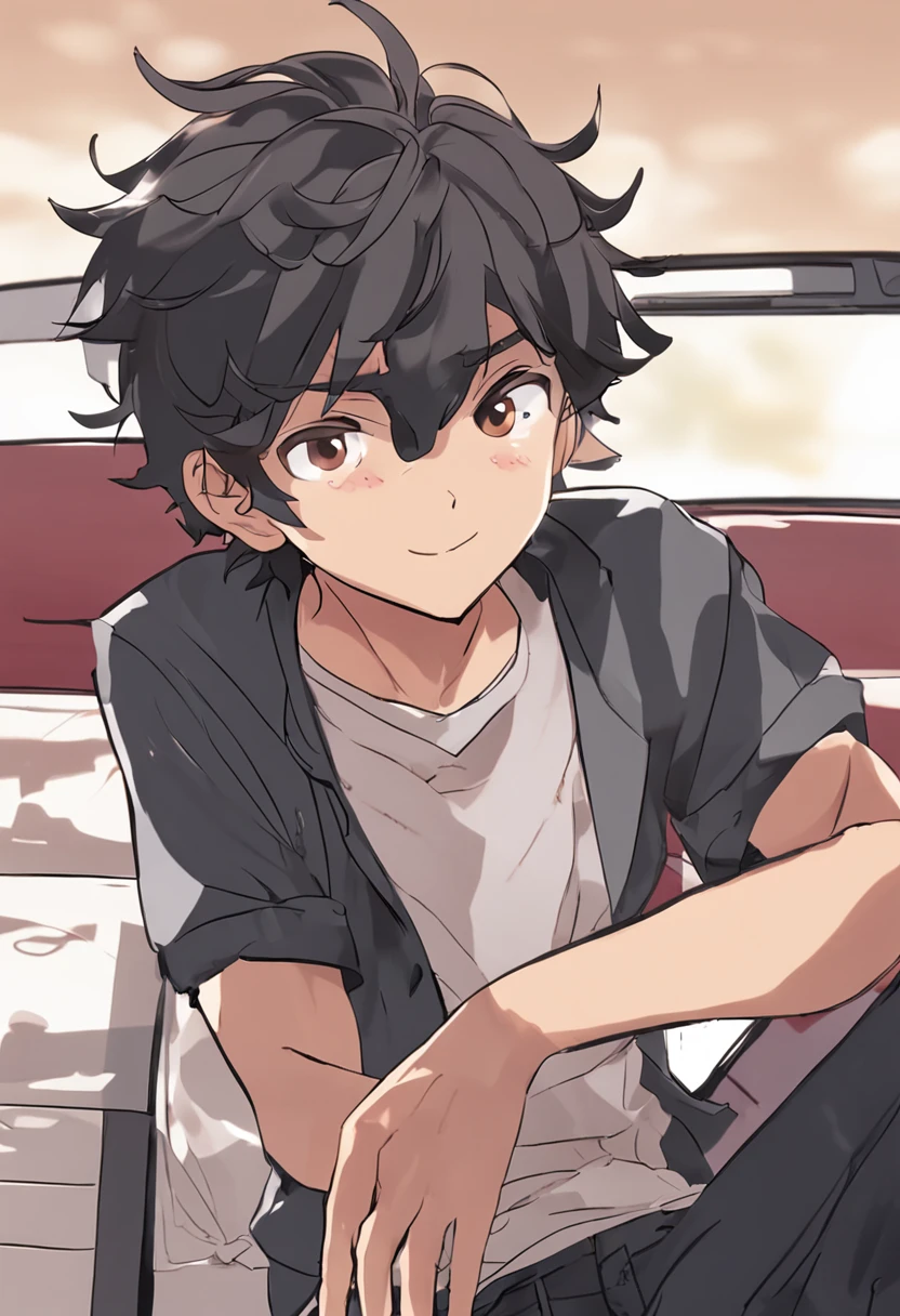 anime type, south Indian youngster, black curly hair, brown eyes, black shirt, whitish pant, Occupation: podcaster, light beard and mustache, looking at viewers