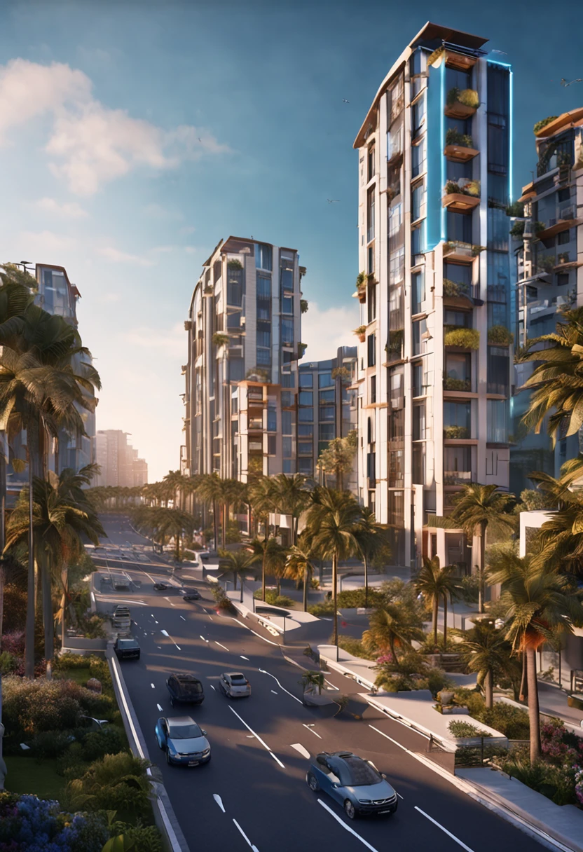 ((masterpiece, best quality)), 8k, modern architectural style, photographrealistic, hyperedetailed photo, Clean skies, Sateen,group of buildings,Commercial complex,A thriving city,Traffic road network,the city street,Coastal scenery
