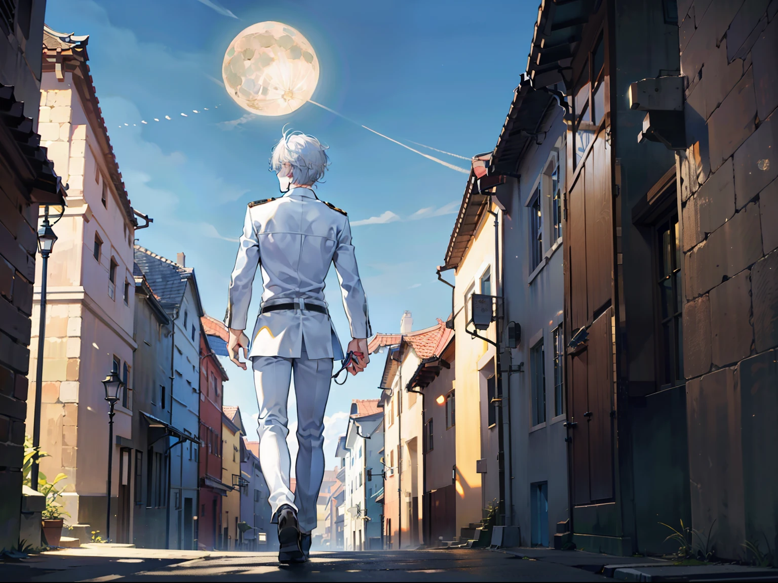 A white-haired boy was running,Walk through the streets of the ancient town on both sides,the night,Moon,Only the back can be seen