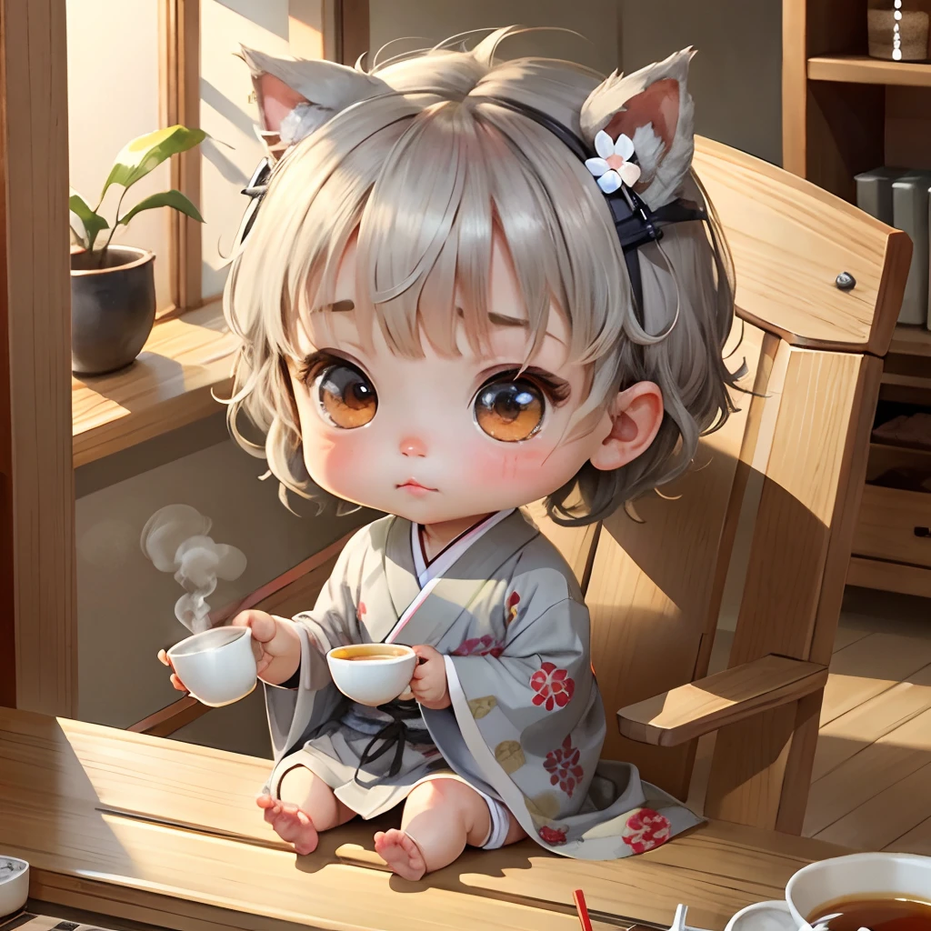 Cute  chibi anime, grey kimono, sit in the tea cup