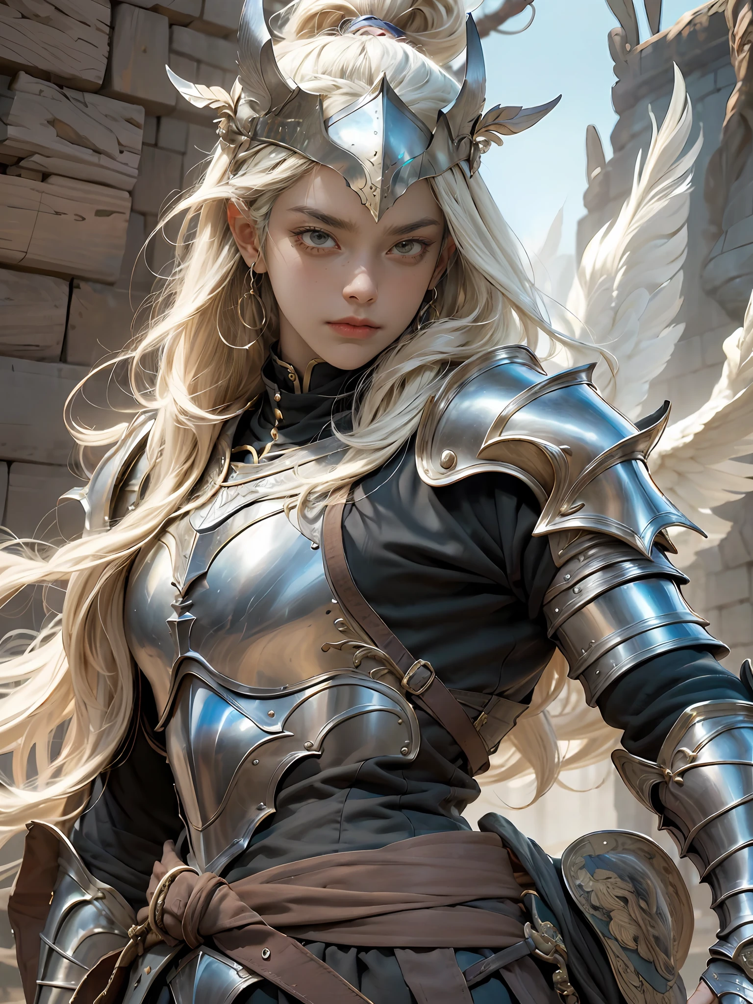 best qualtiy，tmasterpiece，A high resolution, 8k wallpaper,Detailed CG concept illustration,Official fine art，closeup cleavage,A digital rendering，professinal，Sharp focus，Clear focus,Detailed facial portrayal，Lots of detail，Face in Focus，depth of fields，dyna，The composition of the epic，The art of miracles，Complex scenes，Dramaticlight，Cinema lenses，Perfect litthing，
Tall Knight，Dressed in gorgeous armor，Brightly colored armor reflects daylight，Exudes a metallic sheen。He wears a huge helmet，Feathers flying into the sky sparkle in the sun。

His face looked resolute，The deep eyes reveal firm faith and fearless determination。

He was armed with a majestic and powerful longsword，The body of the sword is carved with exquisite patterns，It shows his superb swordsmanship and exquisite skills。The knight stood on high ground，The background is a vast wilderness and stunning views of the mountains in the distance。His straight posture and firm gaze exude infinite strength and courage，One cannot help but marvel at his majesty and spirit as a knight。