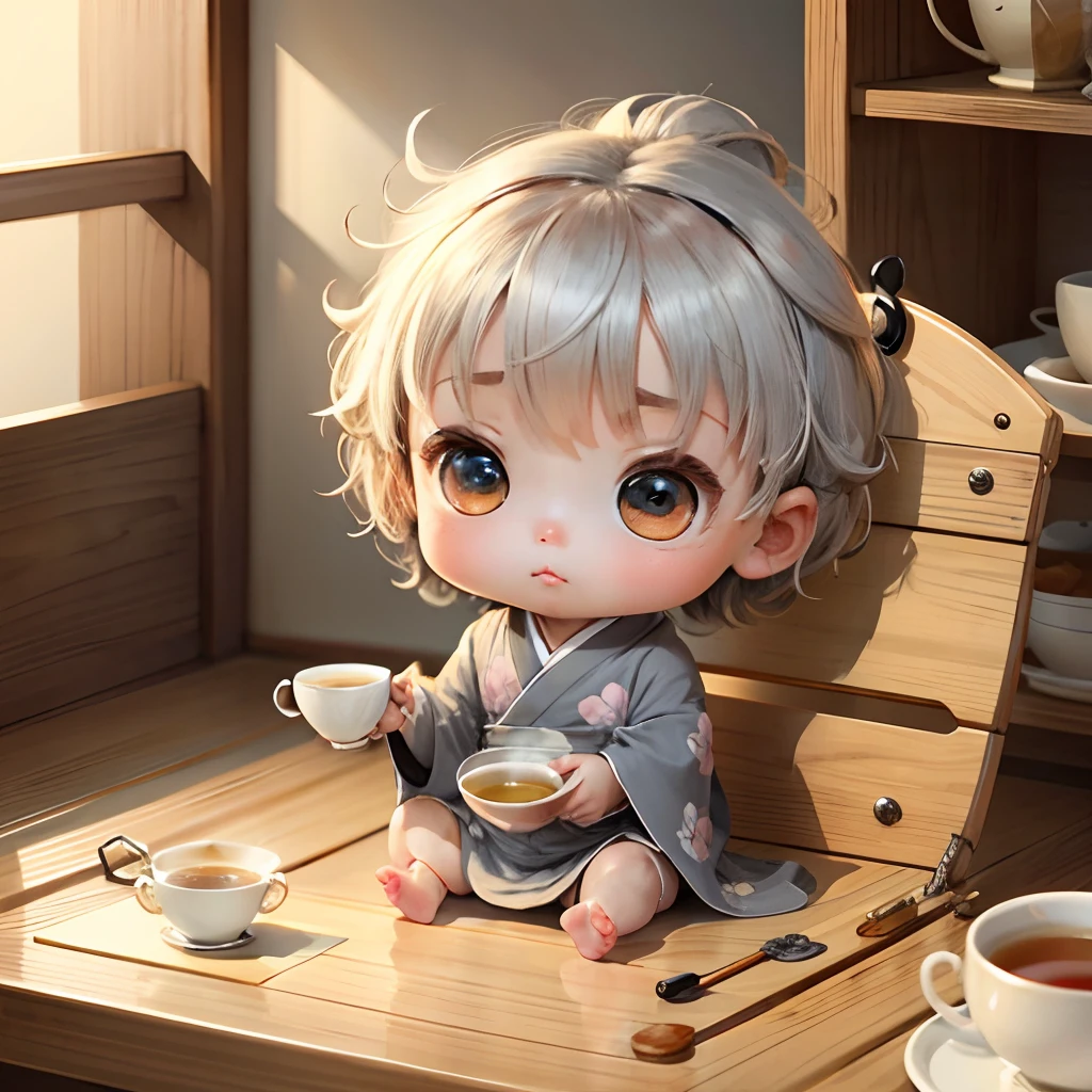 Cute baby chibi anime, grey kimono, sit in the tea cup