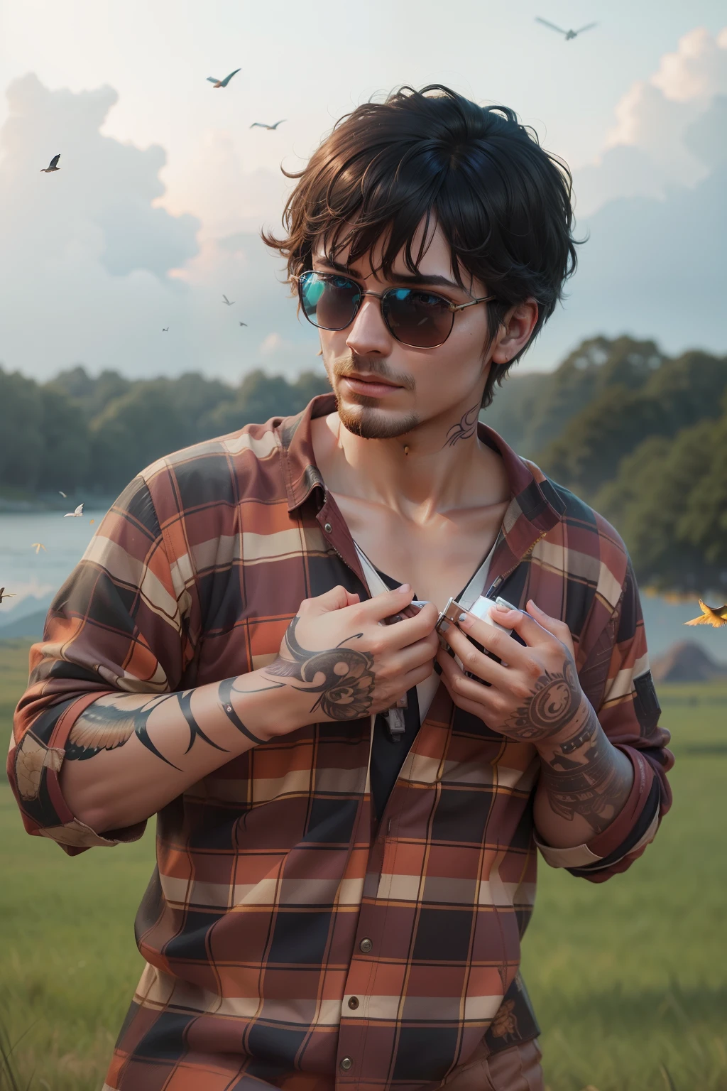 Ultra realistic faice, ultimate realistic faice, movie effect,sci-fi, background change, birds flying,tatto in hand, golden sky. Butiful background