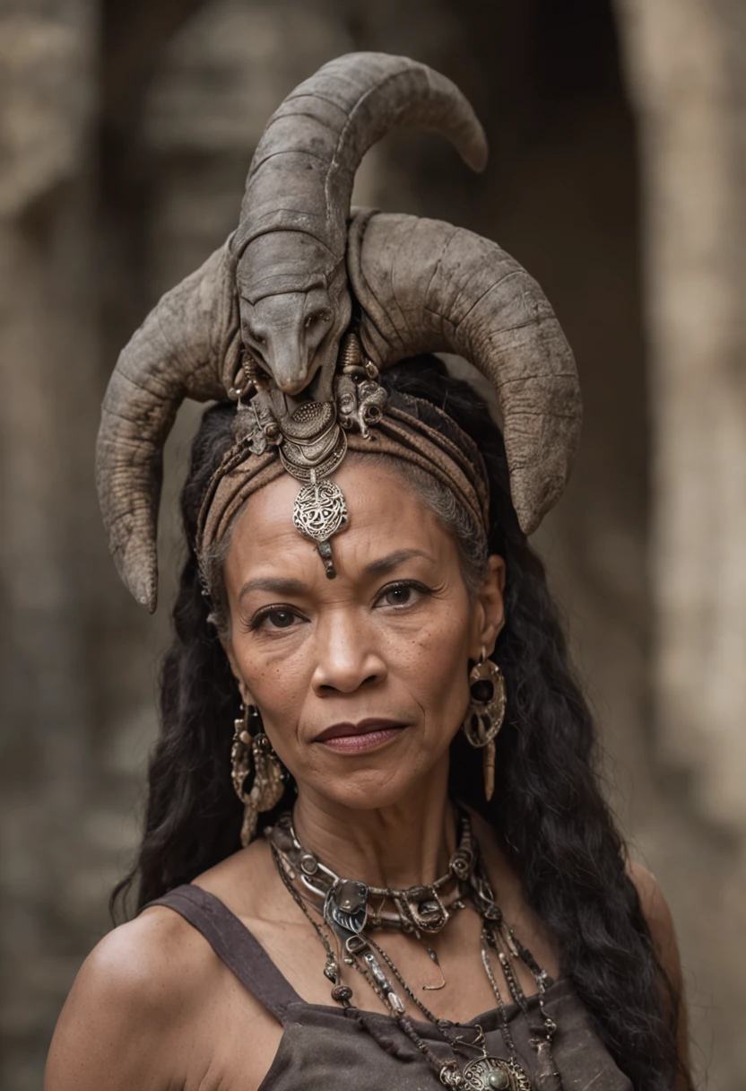 Portrait Photography, face shot of a mix between Bill Cosby and Gina Torres as a medieval fantasy 50 year-old blasian female snake shaman, wrinkly, revolting looks, long matted greying dreadlocks, elaborate hairstyle, intricate headgear made of bones and fangs, solemn expression, bags under the eyes, medieval fantasy tribal elaborate shaman clothes, adorned with pendants, in a medieval fantasy cavern, The colors are masterfully captured by Nikon D850 and a Nikon AF-S NIKKOR 70-200mm f/2.8E FL ED VR lens, Peter Jackson, fantasy, historical