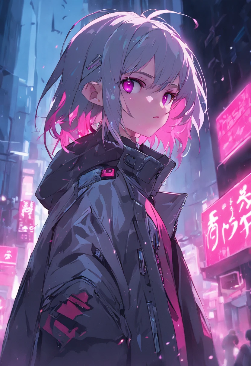 (masterpiece, best quality, night, silver hair:1.4), (cowboy shot:1.8), 8k, absurdres, beautiful girl, (wearable computer:1.6), cyberpunk, cyber goth, (cyberpunkoutfit, fluorescence pink accent, glowing pink lines on short jacket:1.4), neon, bracelets and choker, (glowing, glow, film grain, chromatic aberration:2), (asian shopping district, street, buildings, skyscraper:1.2), makeup, very small mechanical device, (cyan earrings:1.3), sharp focus, dark background, perspective, depth of field, (rain, fog, bleach bypass, HDR, facelight, sharp focus, dynamic lighting, cinematic lighting, professional shadow, extreme detailed, finely detail, real skin:0.8), (detailed eyes, sharp pupils, realistic pupils, dark back ground:0.6), (glitch effect:0.6)