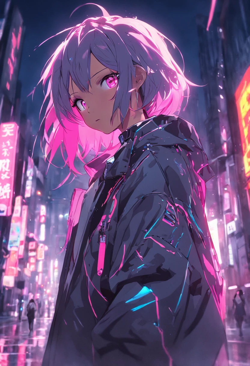 (masterpiece, best quality, night, silver hair:1.4), (cowboy shot:1.8), 8k, absurdres, beautiful girl, (wearable computer:1.6), cyberpunk, cyber goth, (cyberpunkoutfit, fluorescence pink accent, glowing pink lines on short jacket:1.4), neon, bracelets and choker, (glowing, glow, film grain, chromatic aberration:2), (asian shopping district, street, buildings, skyscraper:1.2), makeup, very small mechanical device, (cyan earrings:1.3), sharp focus, dark background, perspective, depth of field, (rain, fog, bleach bypass, HDR, facelight, sharp focus, dynamic lighting, cinematic lighting, professional shadow, extreme detailed, finely detail, real skin:0.8), (detailed eyes, sharp pupils, realistic pupils, dark back ground:0.6), (glitch effect:0.6)