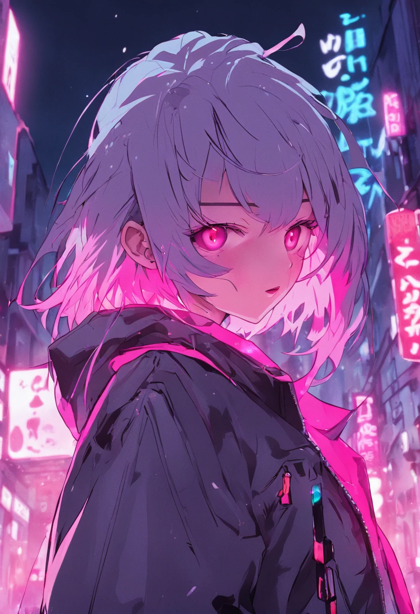 (masterpiece, best quality, night, silver hair:1.4), (cowboy shot:1.8), 8k, absurdres, beautiful girl, (wearable computer:1.6), cyberpunk, cyber goth, (cyberpunkoutfit, fluorescence pink accent, glowing pink lines on short jacket:1.4), neon, bracelets and choker, (glowing, glow, film grain, chromatic aberration:2), (asian shopping district, street, buildings, skyscraper:1.2), makeup, very small mechanical device, (cyan earrings:1.3), sharp focus, dark background, perspective, depth of field, (rain, fog, bleach bypass, HDR, facelight, sharp focus, dynamic lighting, cinematic lighting, professional shadow, extreme detailed, finely detail, real skin:0.8), (detailed eyes, sharp pupils, realistic pupils, dark back ground:0.6), (glitch effect:0.6)