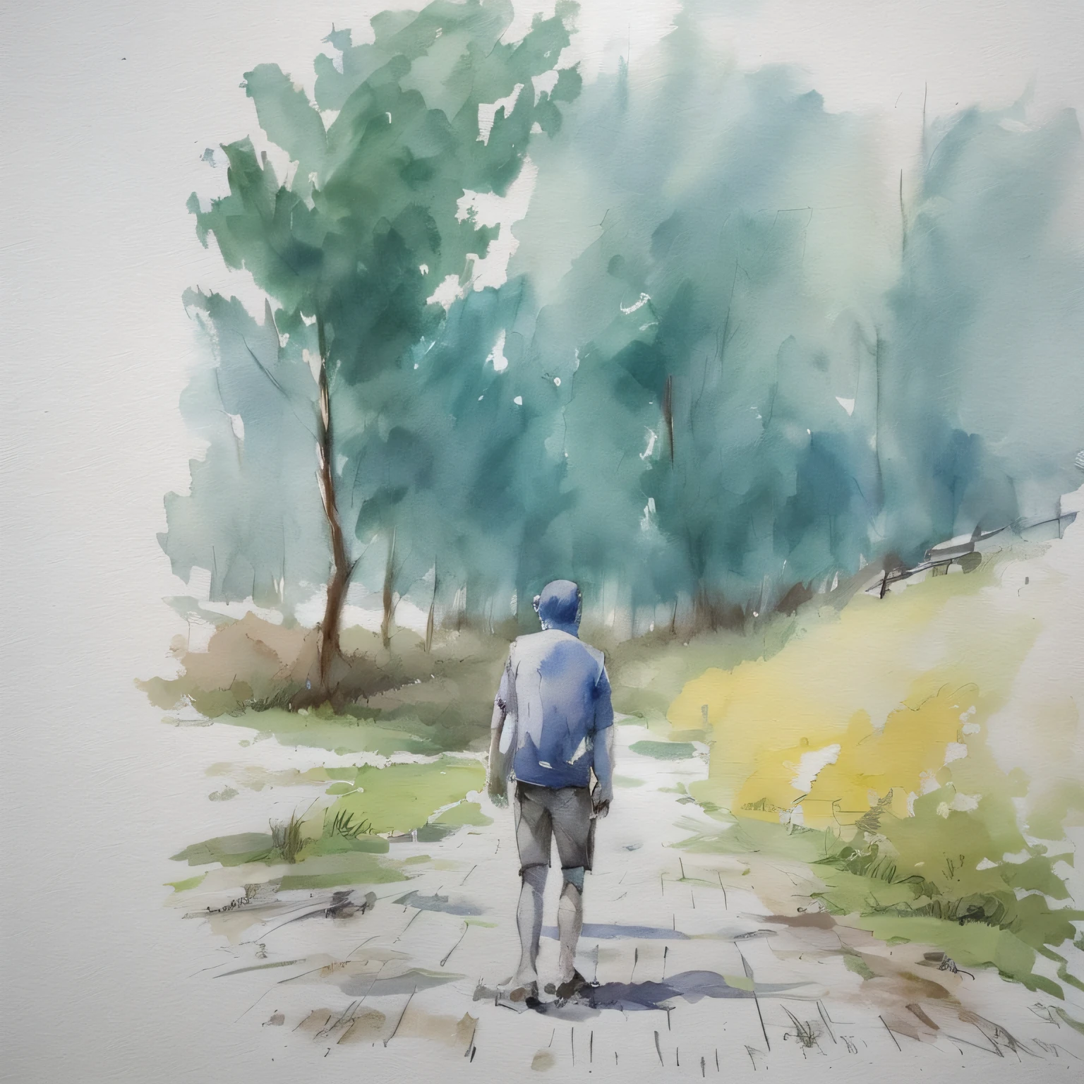 It means it's okay,pintura a tinta e aquarela,It depicts a man with a ponytail looking up at the sky