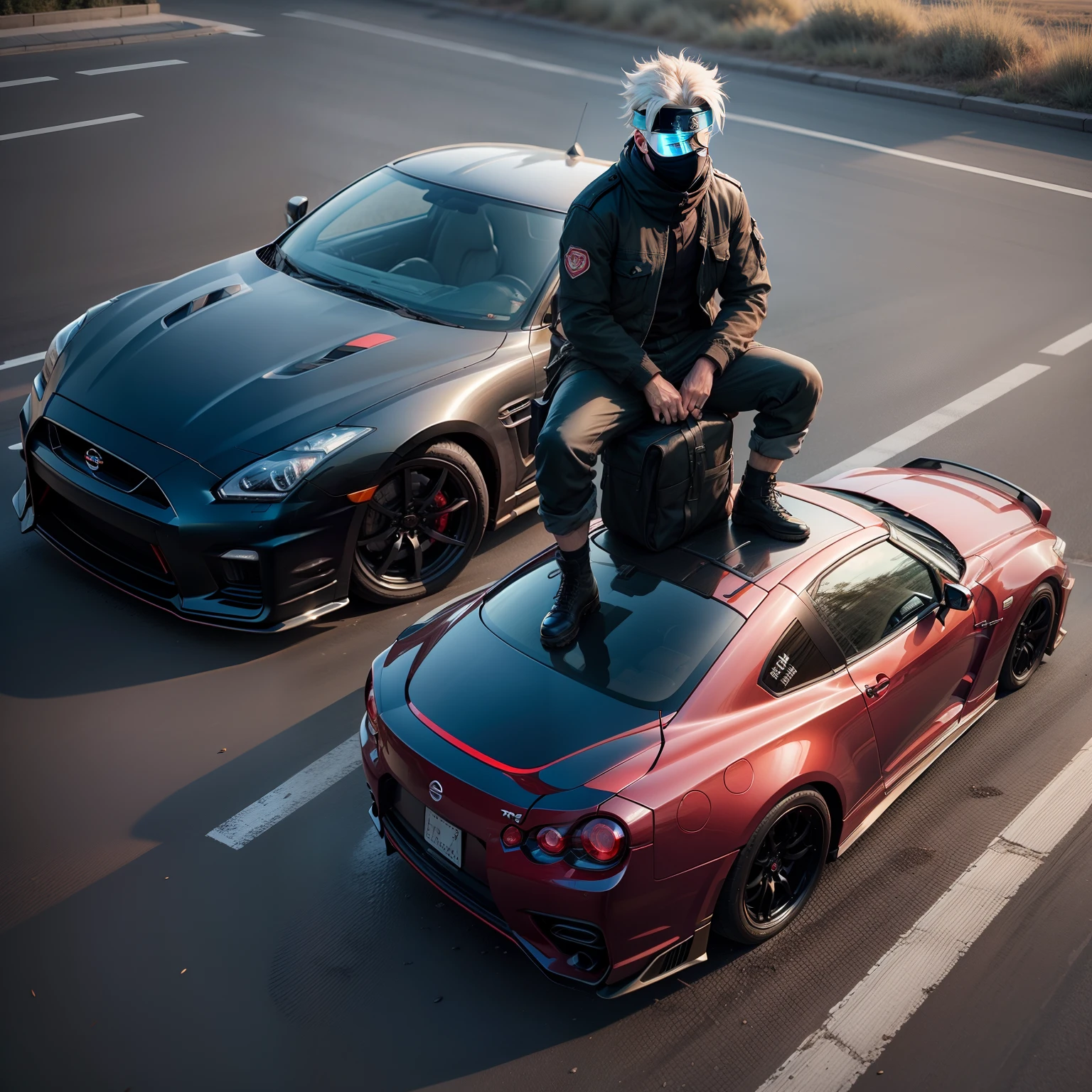 The kakashi Uchiha is sitting on the Nissan GTR realistic scene on the road realistic hd world war scene