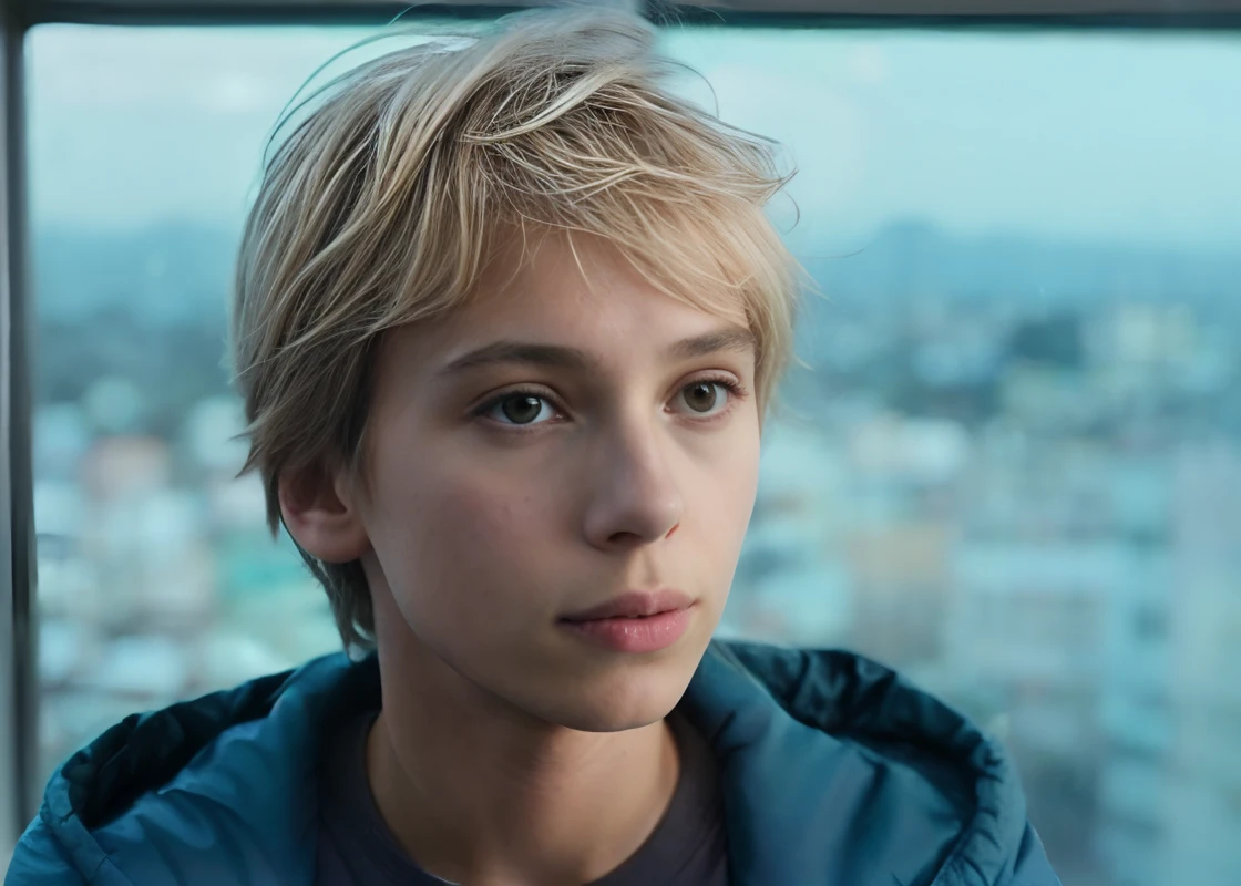 Blonde boy with blue jacket looking at the camera in front of the window, androgynous face, androgynous person, beautiful androgynous girl, Poots Imogen como Paladino Santo, attractive androgynous humanoid, tomboy cabelo platinado curto, her face looks like an orchid, menina lofi, com cabelos curtos, Petra Collins, cabelo desgrenhado