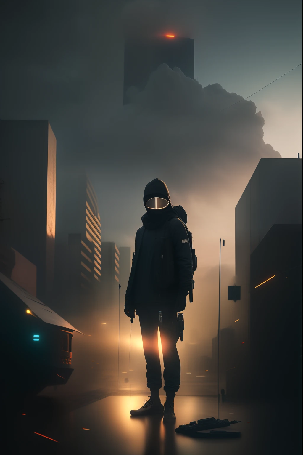 Arafard's image，A man standing in the city with a gun, cinematic beeple, artgem and beeple masterpiece, beeple and greg rutkowski, wojtek fus, artem demura beeple, recusion beeple, 3 d render beeple, beeple rendering，Wear a face covering，，The sky is cloudy