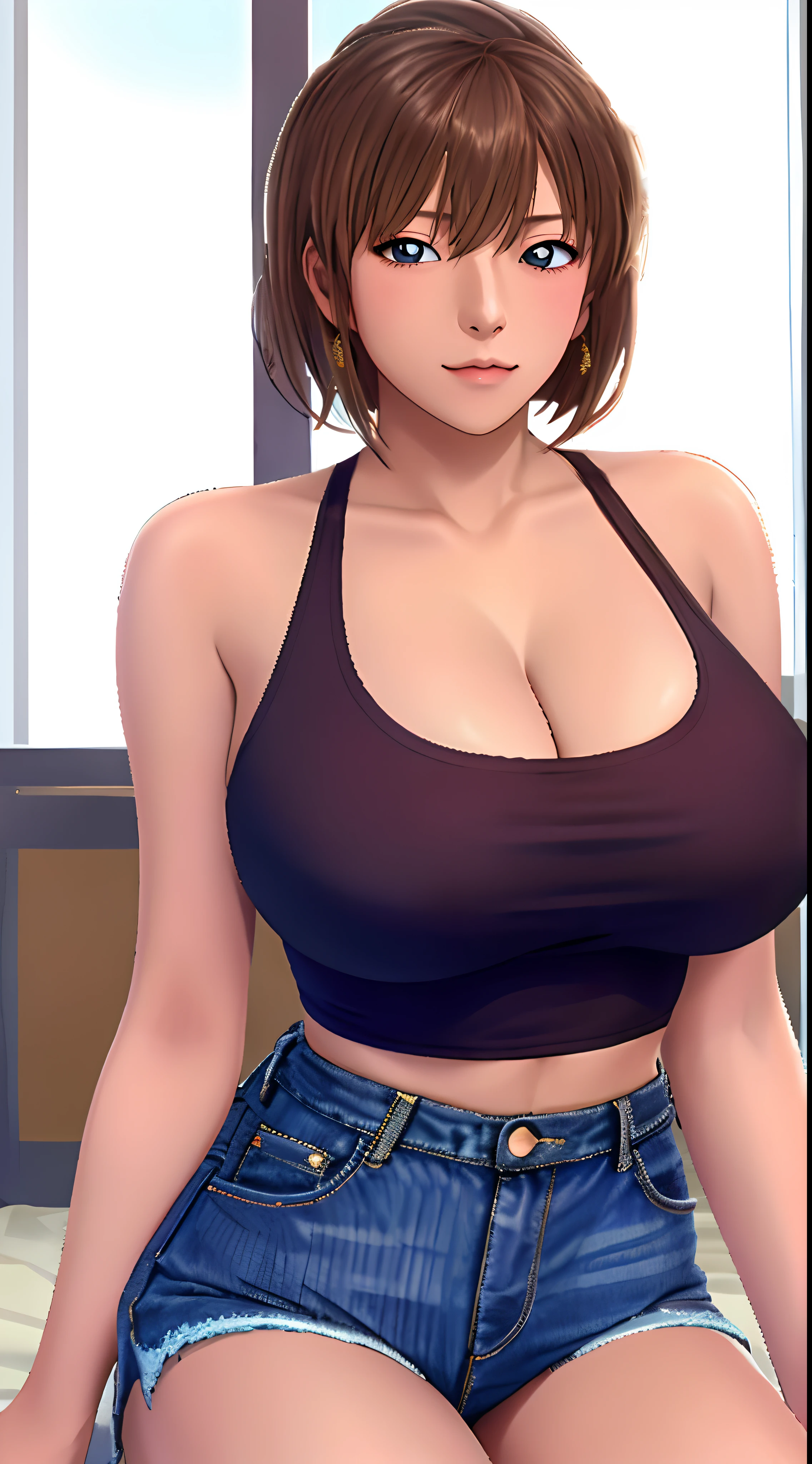 ((Shiho Miyano,1girll, Solo, Blonde hair, wariza, Short hair, Brown hair, Exquisite facial features,There is light in the eyes,Be red in the face,is shy))