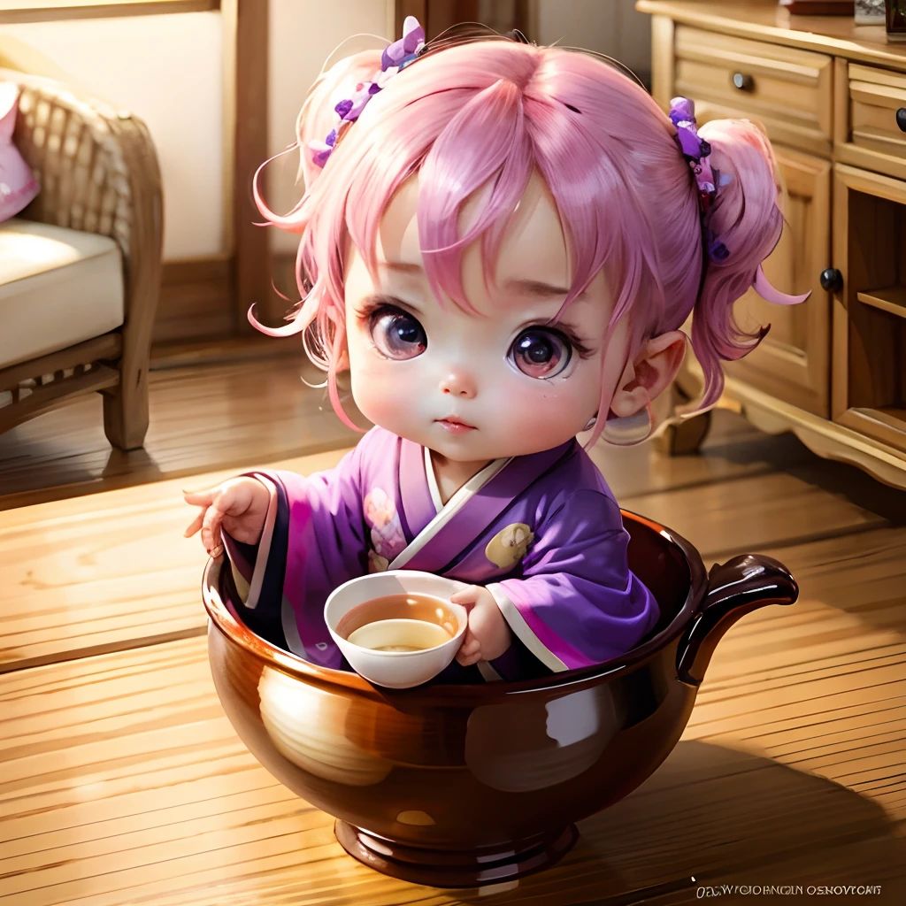 Cute baby chibi anime, purple and pink kimono, sit in the tea cup