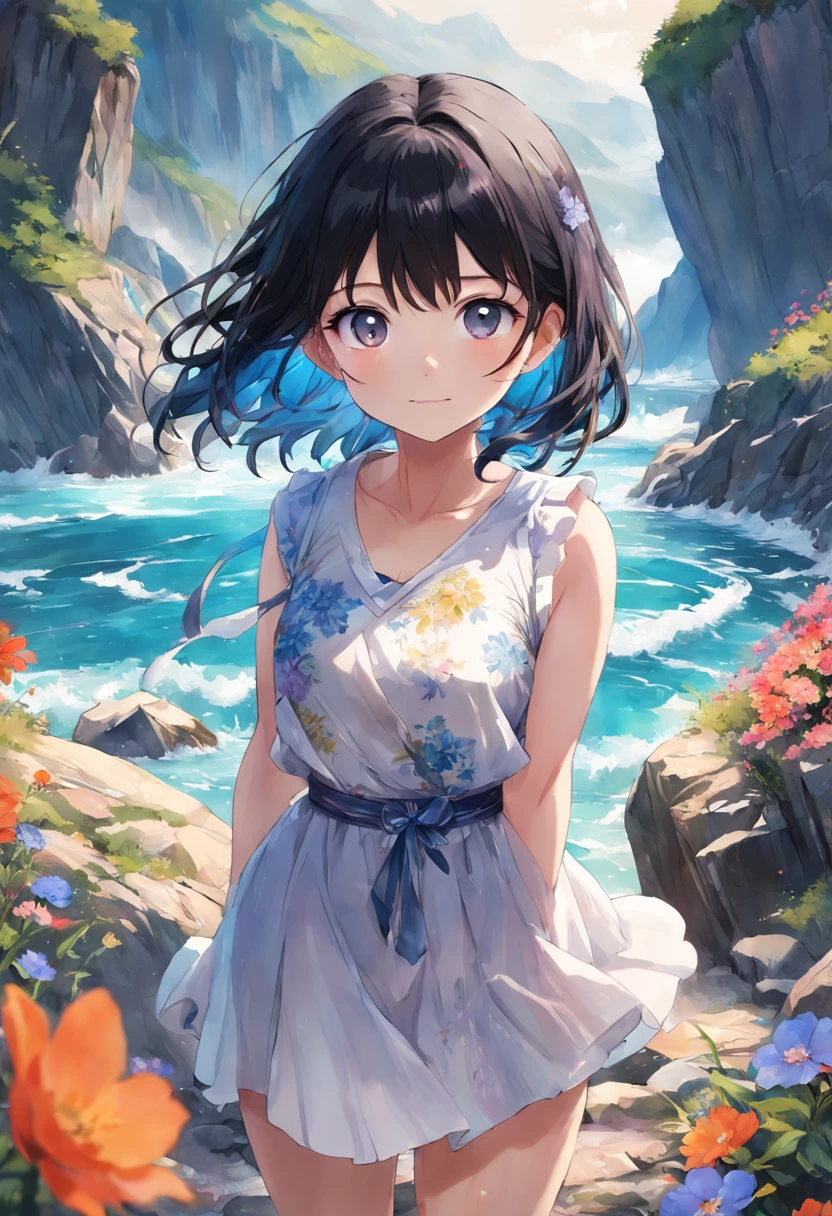 stechu,(white background:1.4), ((tachi-e)), original,(illustration:1.1),(best quality),(masterpiece:1.1),(extremely detailed CG unity 8k wallpaper:1.1), (colorful:0.9),(panorama shot:1.4),(solo:1.2), (ink splashing),(color splashing),((watercolor)), clear sharp focus,{ 1girl standing },flower background,outdoors,rocks, looking at viewer, make happy expressions,soft smile,pure,beautyfull detailed face and eyes,beautyfull intricacy clothing decorative pattern details, black hair,black eyes,colorwater