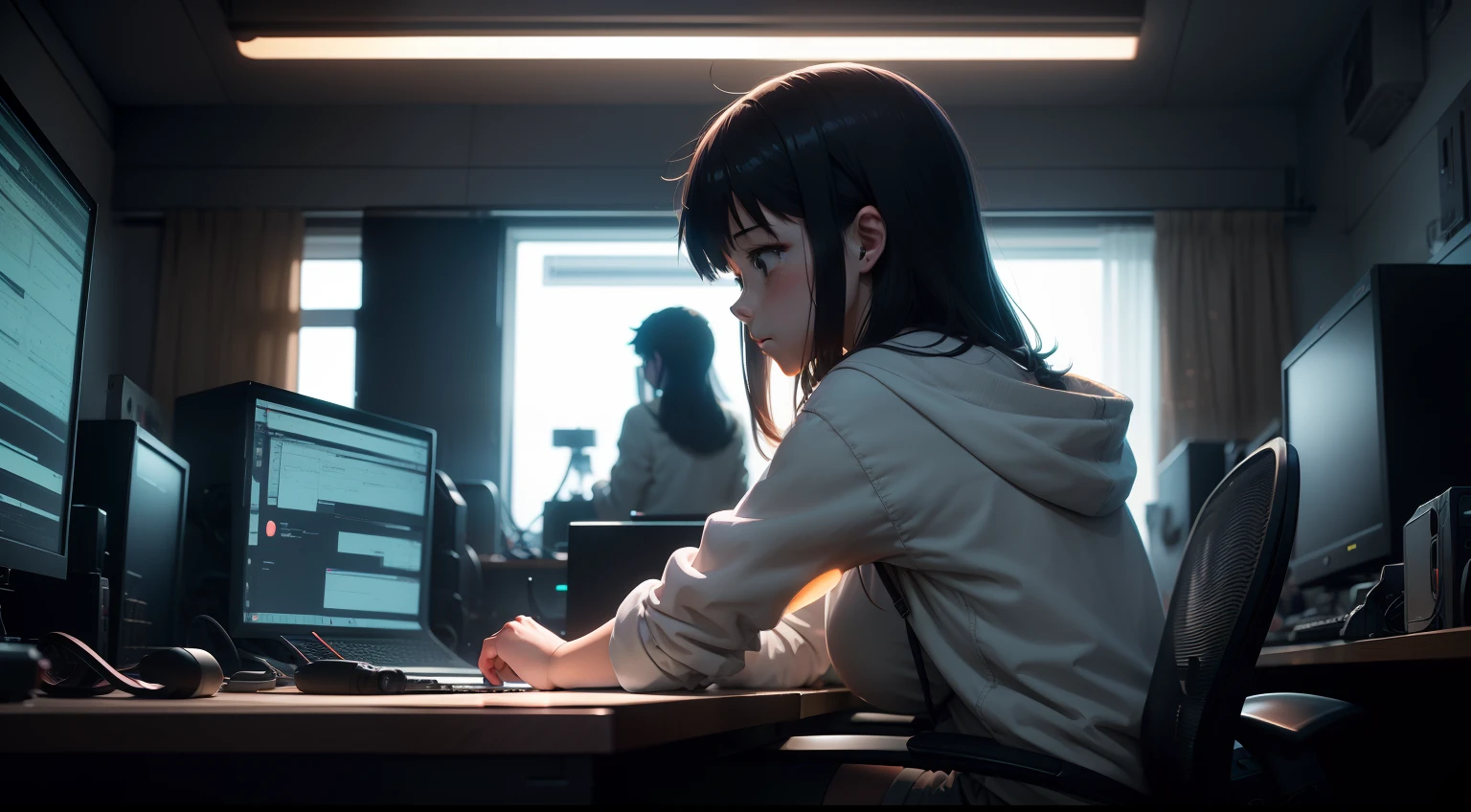 Create a high resolution artwork of lofi ,Anime Girl is programming at a computer in a room full of gadgets, snown ,web developer, by makoto shinkai and ghibli studio, outlined silhouettes, dramatic lighting, highly detailed, incredible quality, trending on artstation, masterpiece, 8k