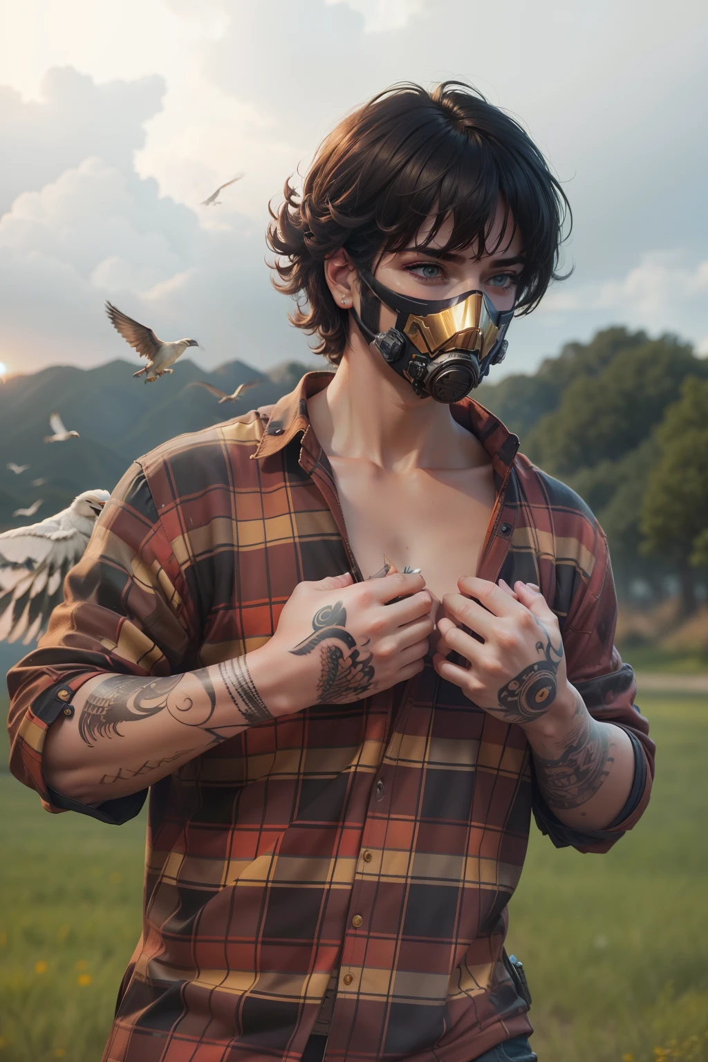 Ultra realistic faice, ultimate realistic faice, movie effect,sci-fi, background change, birds flying,tatto in hand, golden sky. Butiful background,sci-fi mask