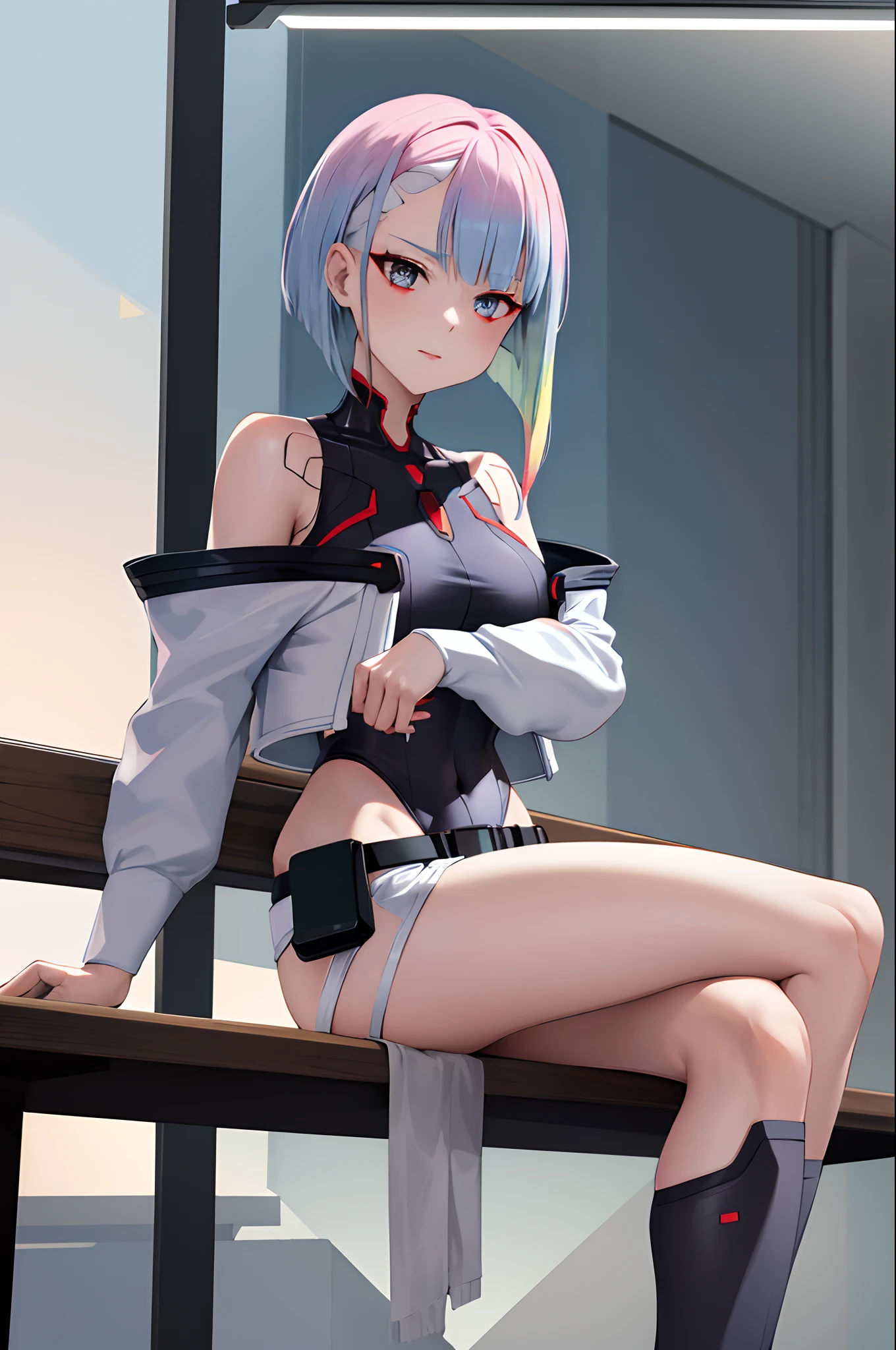 masterpiece, best quality, highres, lu1, cyborg, multicolored hair, makeup, bare shoulders, black leotard, highleg leotard, (thong:1.1), white jacket, open jacket, belt, shorts, cowboy shot, cyberpunk, sitting, crossed legs, bench,big thighs,medium breasts.