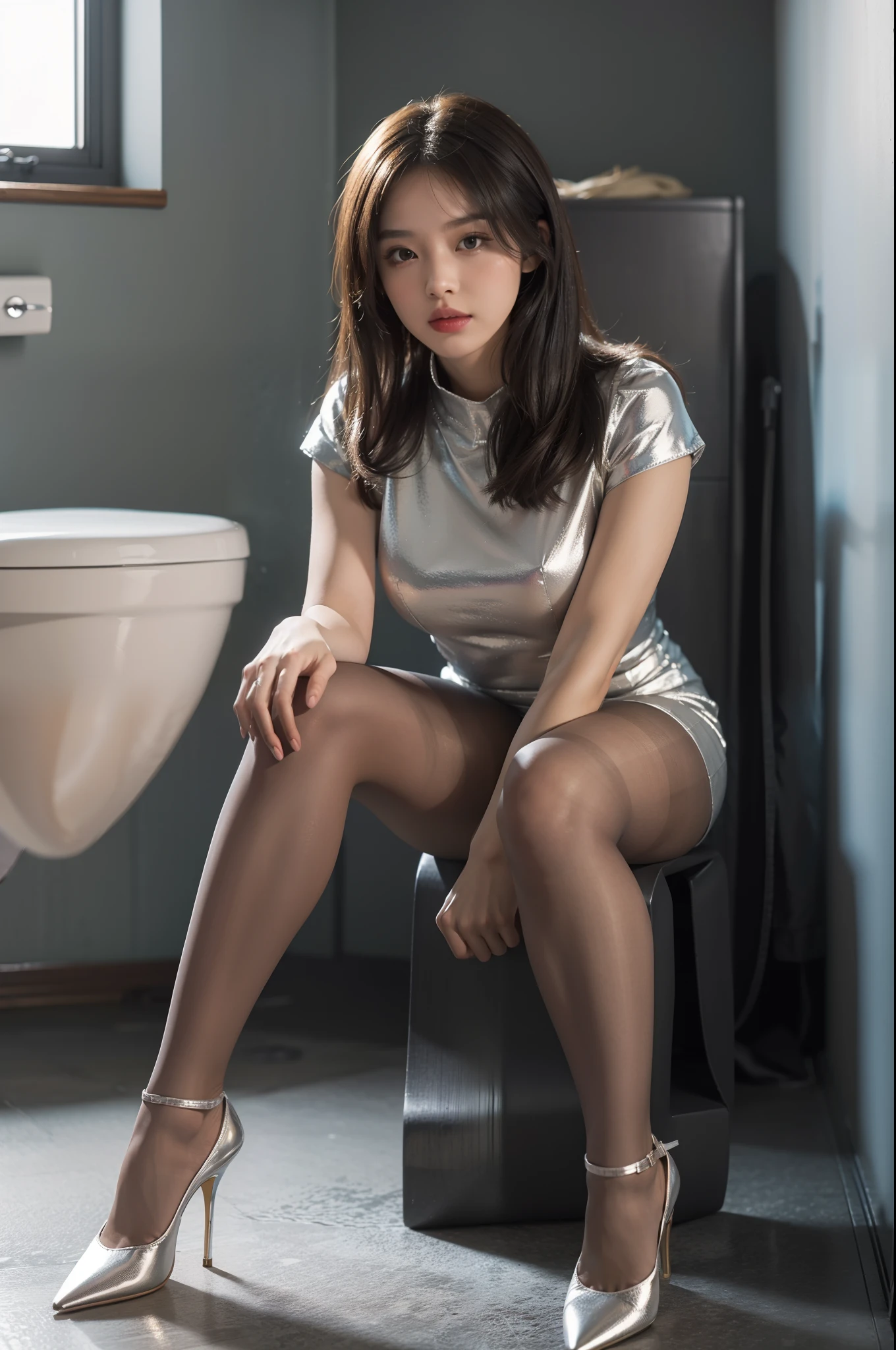 (whole body:1.5)，(1 girl:1.3),(show viewer:1.4)，(correct anatomy:1.3),(sitting on the toilet:1.2),(silver high waist dress :1.2),( Extra thick lime pantyhose:1.3),( girl&#39;thick pointy heels :1.1)，(accurate and perfect face:1.3),hyper hd, ray tracing, reflected light， structurally correct, award-winning, high detail, Brighten the contrast of shadows, face lighting ，cinematic lighting, masterpiece, Super detailed, high quality, high detail, 最high quality, 16k，high contrast,