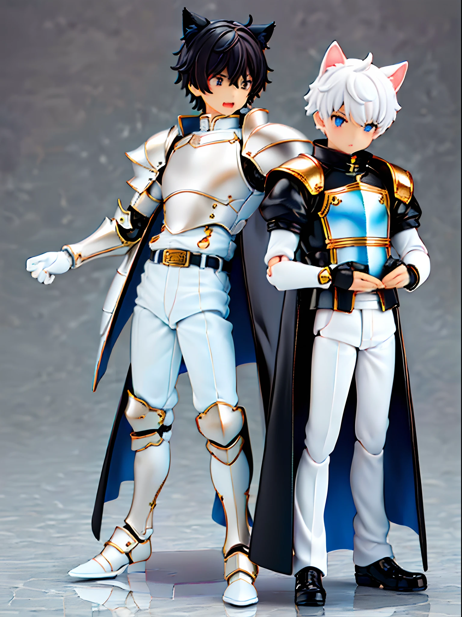 ((younge boy))，Sense of childhood，Anime male protagonist，Handsome，Cat ears，Full body knight armor set，White armored gloves，White trousers，Racing boots，tchibi，blindbox，Clay texture，Best quality，Limb count is normal，a 3D render，vinyl toy figurine。8K quality，Run