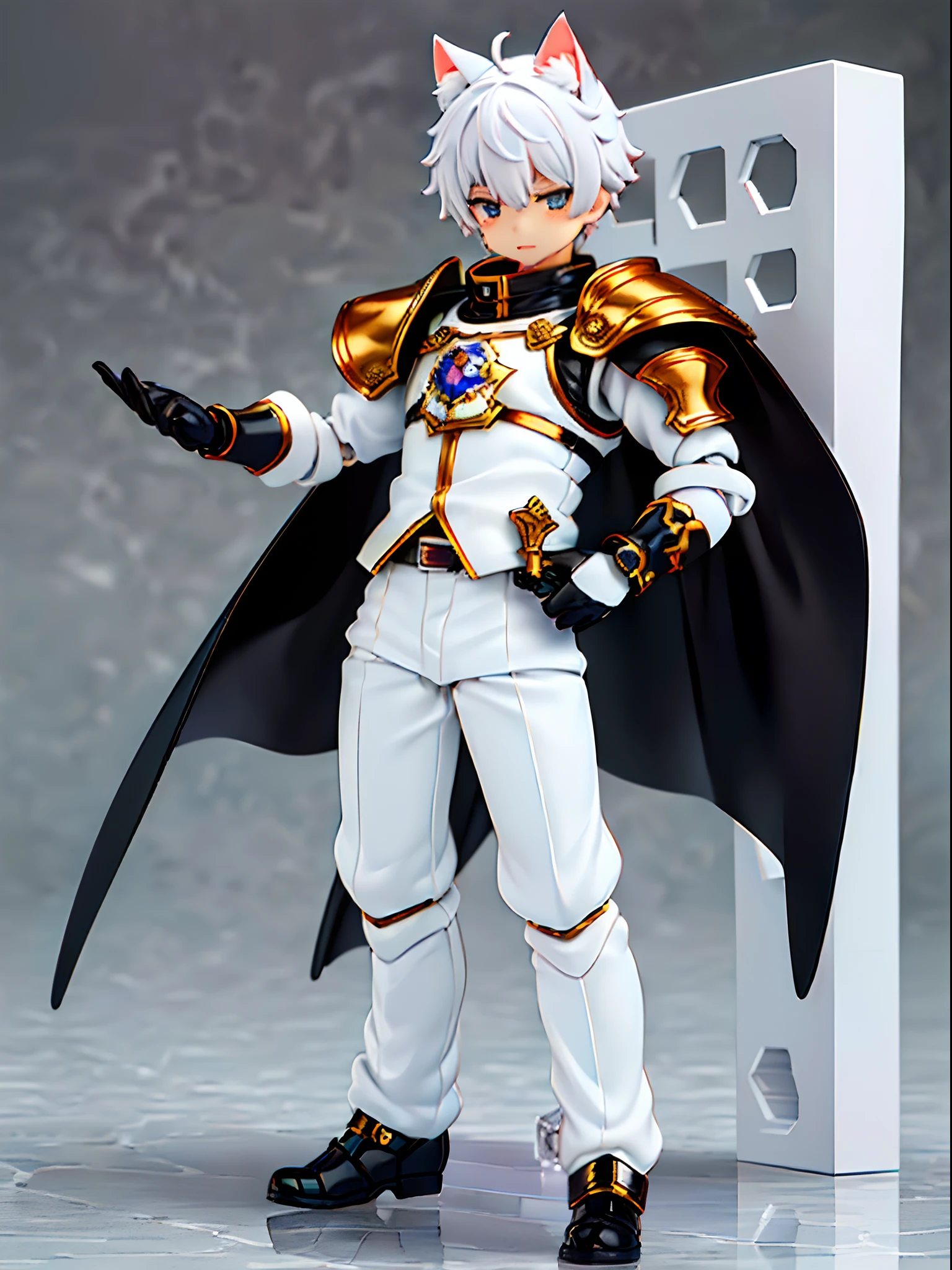 ((younge boy))，Sense of childhood，Anime male protagonist，Handsome，Cat ears，Full body knight armor set，White armored gloves，White trousers，Racing boots，tchibi，blindbox，Clay texture，Best quality，Limb count is normal，a 3D render，vinyl toy figurine。8K quality，Run
