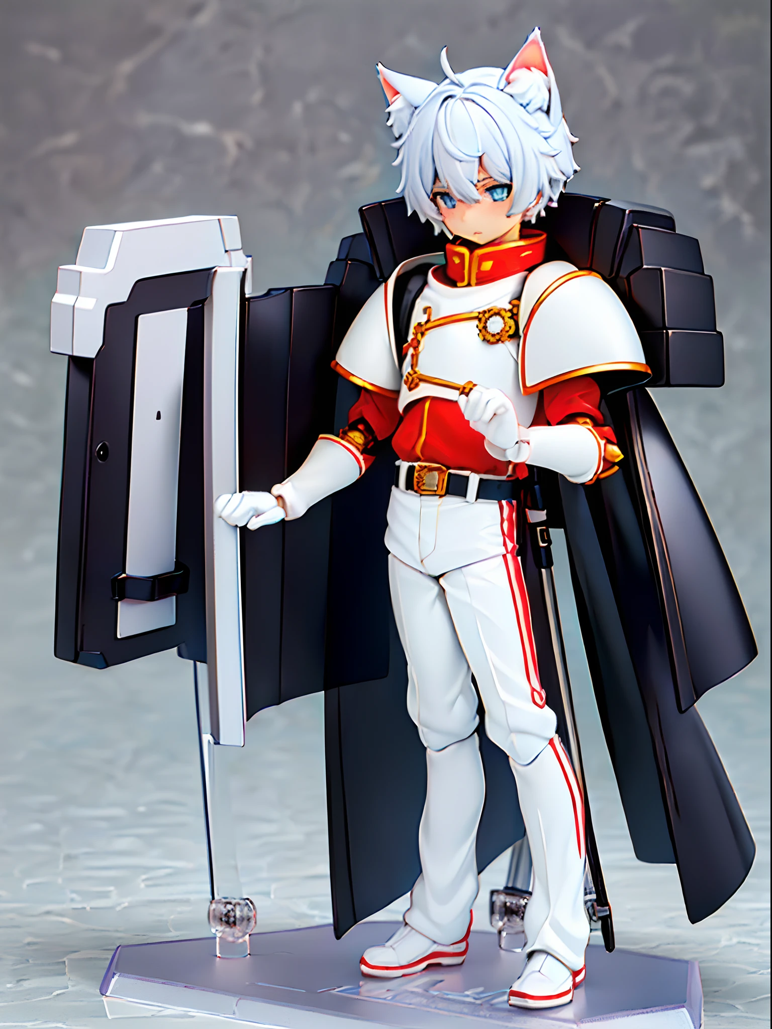 ((younge boy))，Sense of childhood，Anime male protagonist，Handsome，Cat ears，Full body knight armor set，White armored gloves，White trousers，Racing boots，tchibi，blindbox，Clay texture，Best quality，Limb count is normal，a 3D render，vinyl toy figurine。8K quality，Run