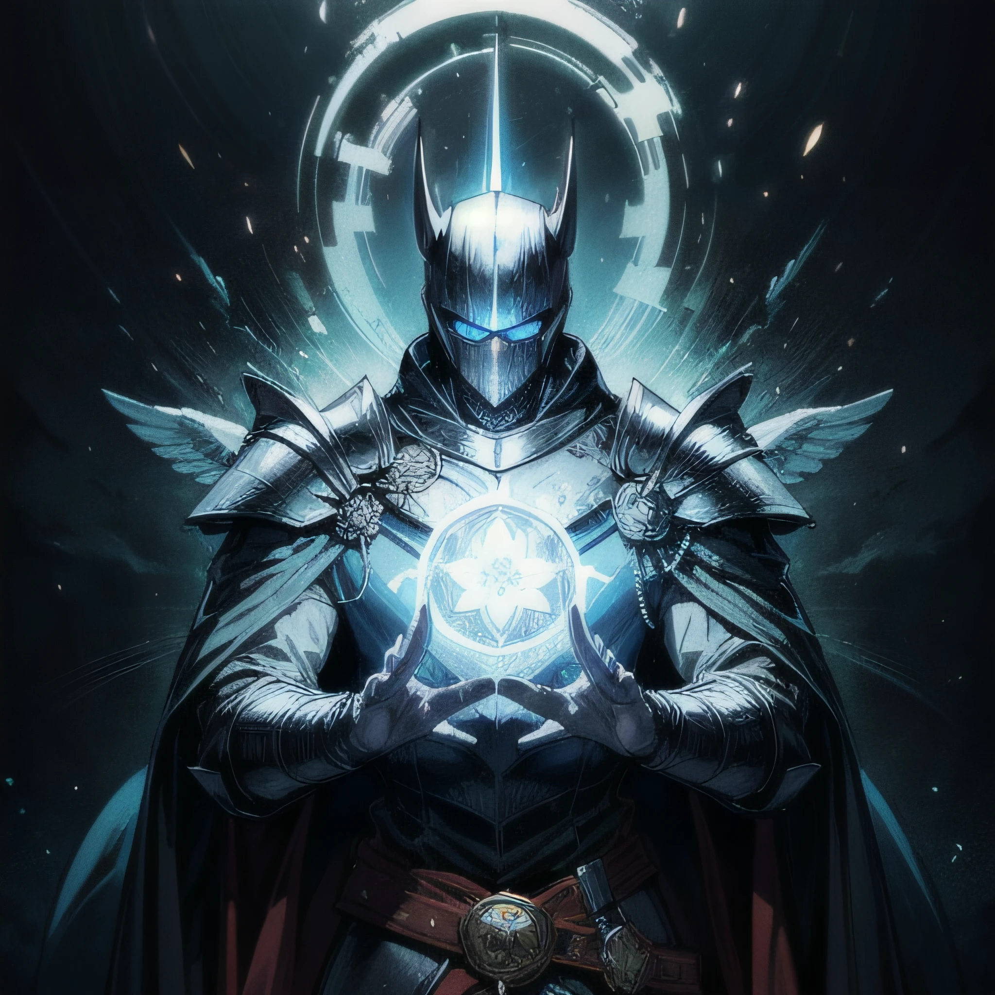 round logo portrait of dark royal knight, full plate black armor, holding blue-glowing legendary sword with both hands, (magic flows:1.3)