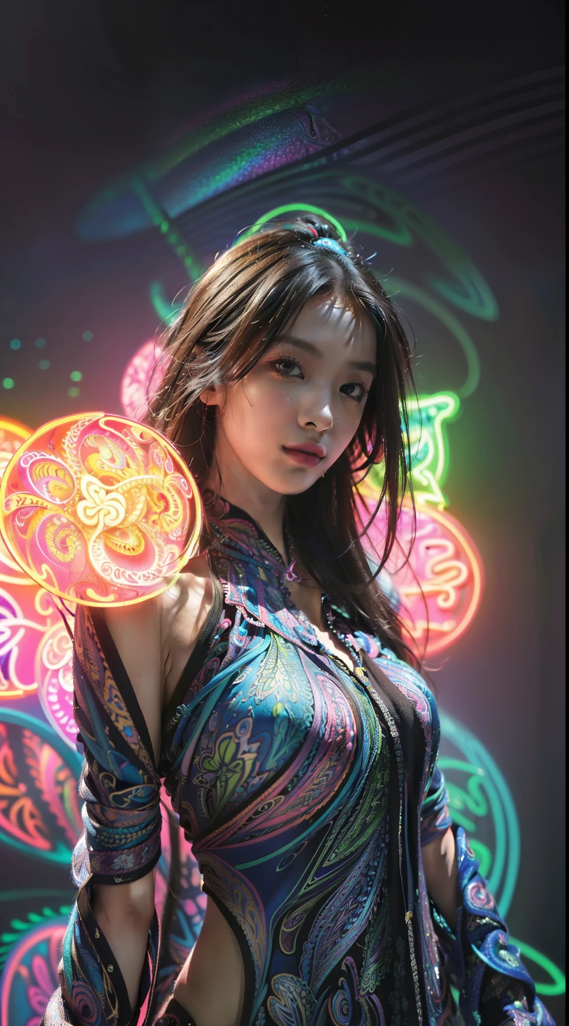 (masterpiece, top quality, best quality, official art, beautiful and aesthetic:1.2), (1girl:1.3), extremely detailed,(fractal art:1.2),colorful,highest detailed,( zentangle neon:1.2), (dynamic pose), (abstract background neon:1.5), (treditional dress:1.2), (shiny skin), (many colors:1.4), upper body ,Neon,16K,Full HD,xnxx,pose bugil