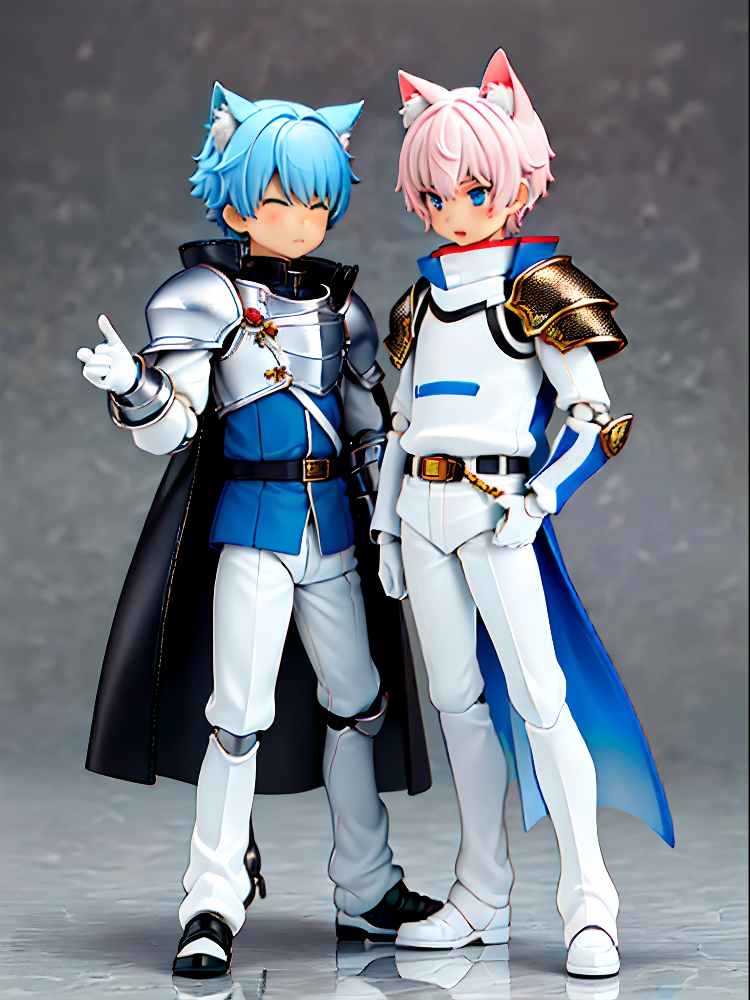 ((younge boy)),Sense of childhood,Anime male protagonist,Handsome,Cat ears,Full body knight armor set,White armored gloves,White trousers,Racing boots,tchibi,blindbox,Clay texture,Best quality,Limb count is normal,a 3D render,vinyl toy figurine。8K quality,Run
