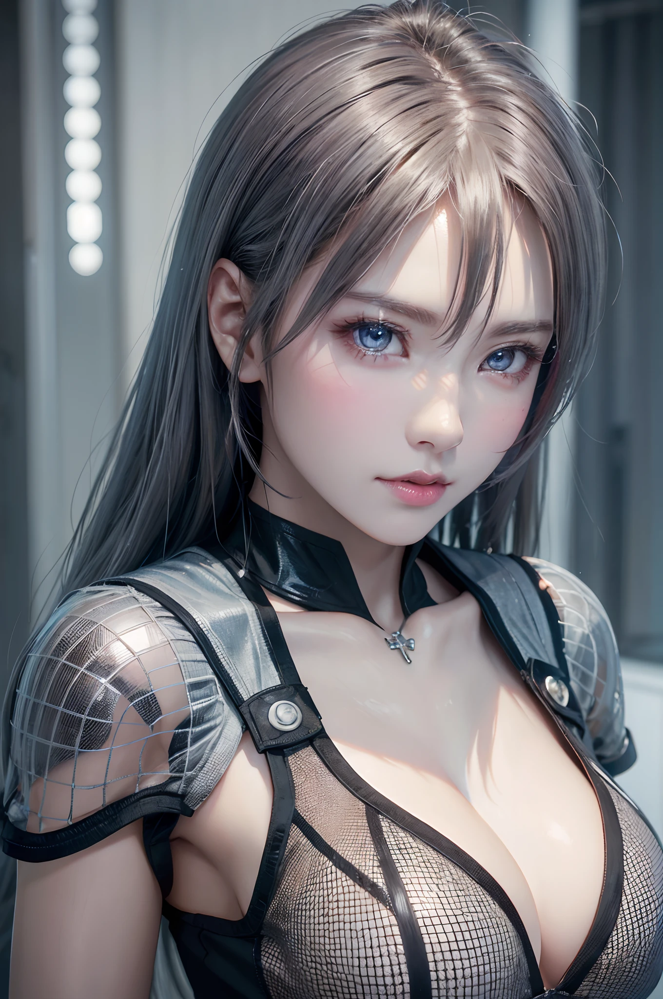 top-quality、8K Masterpiece、超A high resolution、(Photorealsitic:1.3)、Raw photo、1人、silver white hair、glowy skin、1 Cyberpunk Super Beautiful Soldier、((super realistic details))、portlate、globalillumination、Shadow、octan render、8K、ultrasharp、beauty breast、Raw skin is exposed in cleavage、metals、cold color、、highly intricate detail、Realistic light、CGSoation Trends、Beautiful eyes、radiant eyes、Facing the camera、neon details、