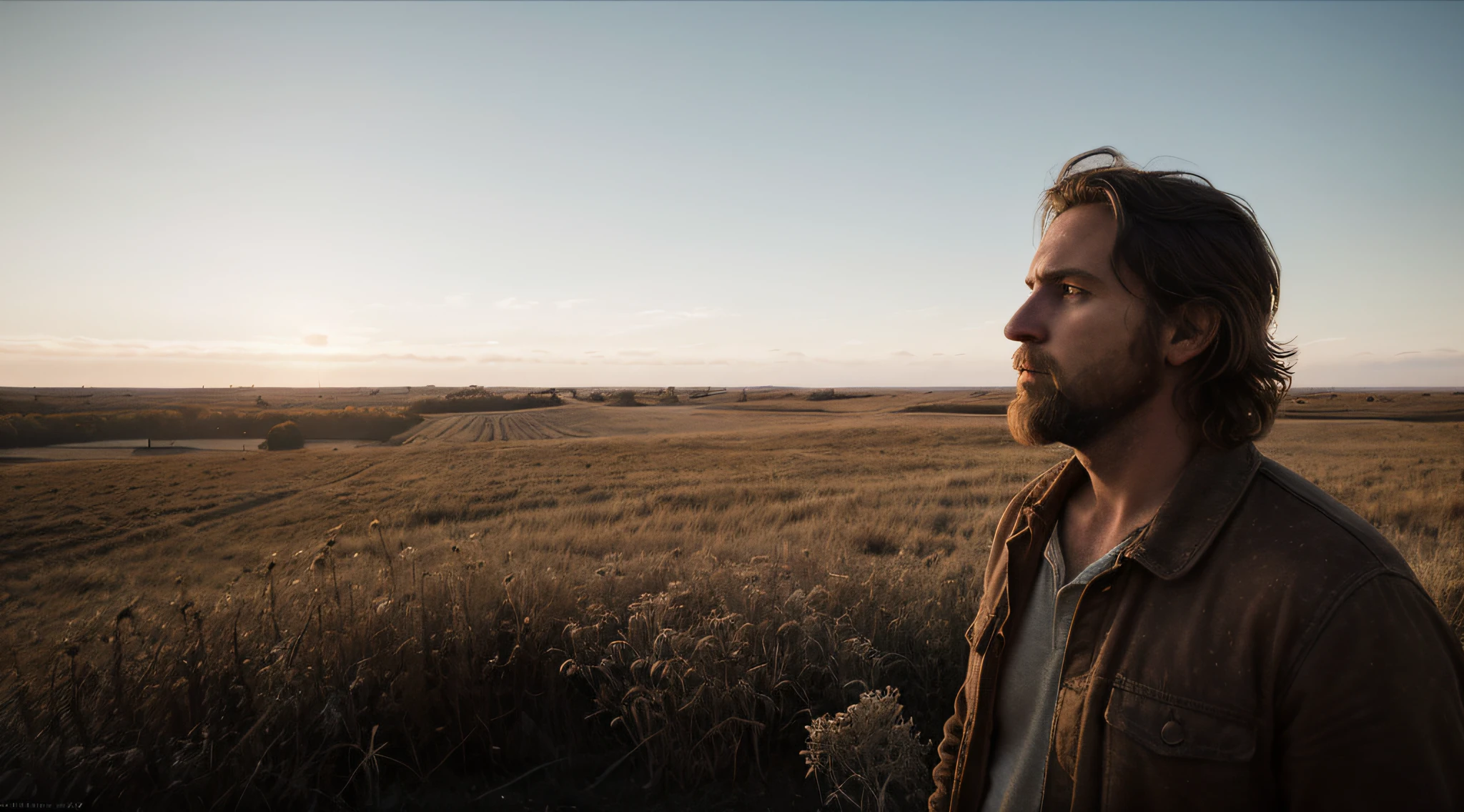 A man 40 years old with hair and a beard of brown color gazes at the horizon and thinks about his entire life, 1 man in the scene, a country scene, there is a lot of dust in the wind, calm and peaceful composition, wide-angle camera scene, contemplative scene, pastel colors, full body shot, sunny and daylight, movie perspective, high definition, intricate details, dynamic composition, volumetric light, RAW, masterpiece, Fujifilm XT3, shadow contrast, photorealistic