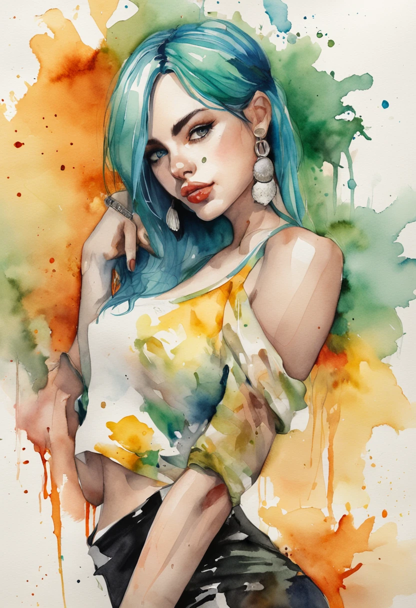 Beautiful girl looks like Billie Eilish, sexy figure, sexy pose, hot clothes, green and black hair, beauty face