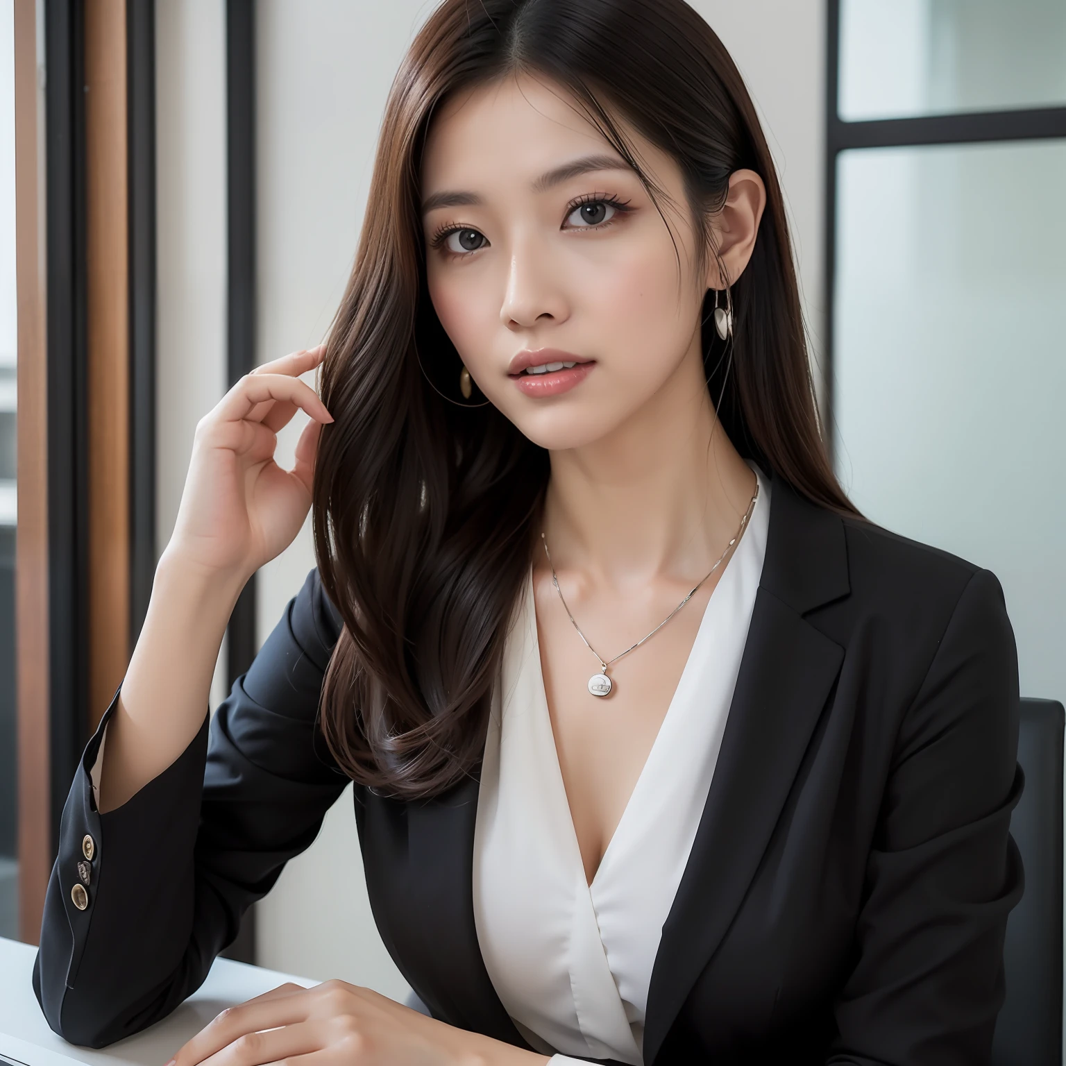 Making the image of a professional Japan woman dressed as an office worker (OL). She is wearing a fitted black blazer and、、、I'm wearing a crisp white blouse underneath. Her costumes exude sophistication, Eta、A delicate silver necklace adds elegance." She has her black hair back into a neat and fashionable bun., Emphasizes her strong and graceful facial features. Behind her, Modern office environment with clean lines and elegant décor、Shows her work environment