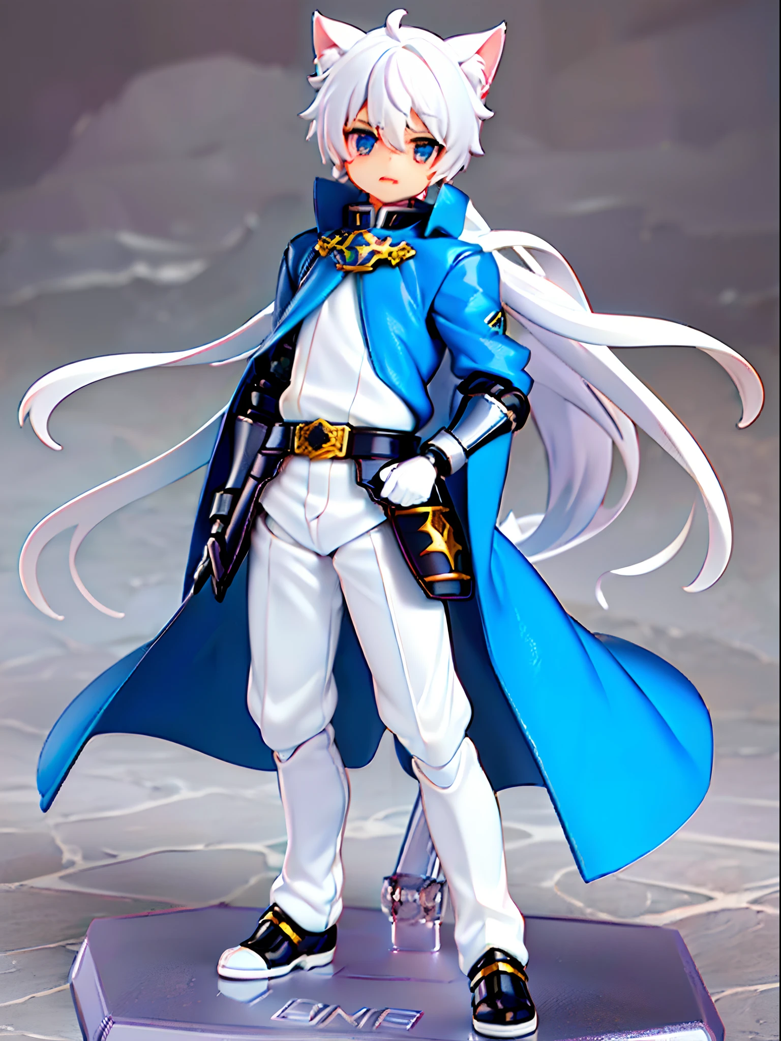 ((younge boy))，Sense of childhood，Anime male protagonist，Handsome，Cat ears，Full body knight armor set，White armored gloves，White trousers，Racing boots，tchibi，blindbox，Clay texture，Best quality，Limb count is normal，a 3D render，vinyl toy figurine。8K quality，Run