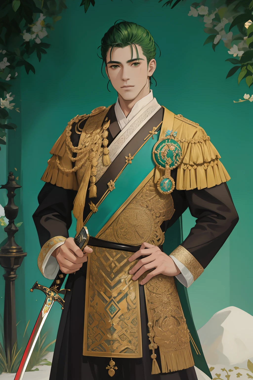 NSFW, obra-prima, melhor qualidade, ultra-detalhado, semi-realista, detailedfacialfeatures,1man,man wearing clothes from the Ottoman Empire,cabelos compridos negros,olhos verdes,manly man,bastante masculino,man guerreiro,valente,violento,arrogante,bonito,Standing stately holding a Saracen sword,