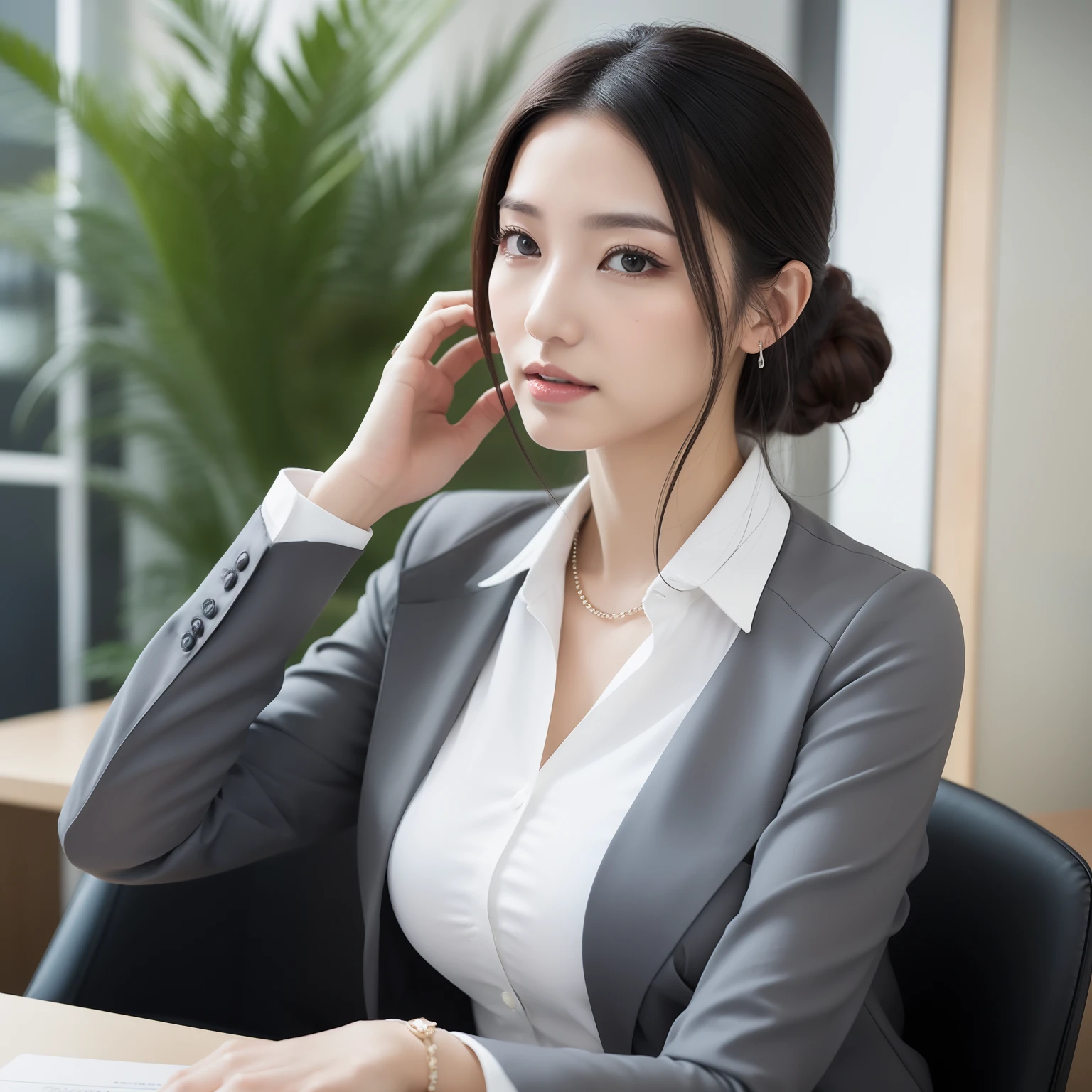 Making the image of a professional Japan woman dressed as an office worker (OL). She is wearing a fitted black blazer and、、、I'm wearing a crisp white blouse underneath. Her costumes exude sophistication, Eta、A delicate silver necklace adds elegance." She has her black hair back into a neat and fashionable bun., Emphasizes her strong and graceful facial features. Behind her, Modern office environment with clean lines and elegant décor、Shows her work environment