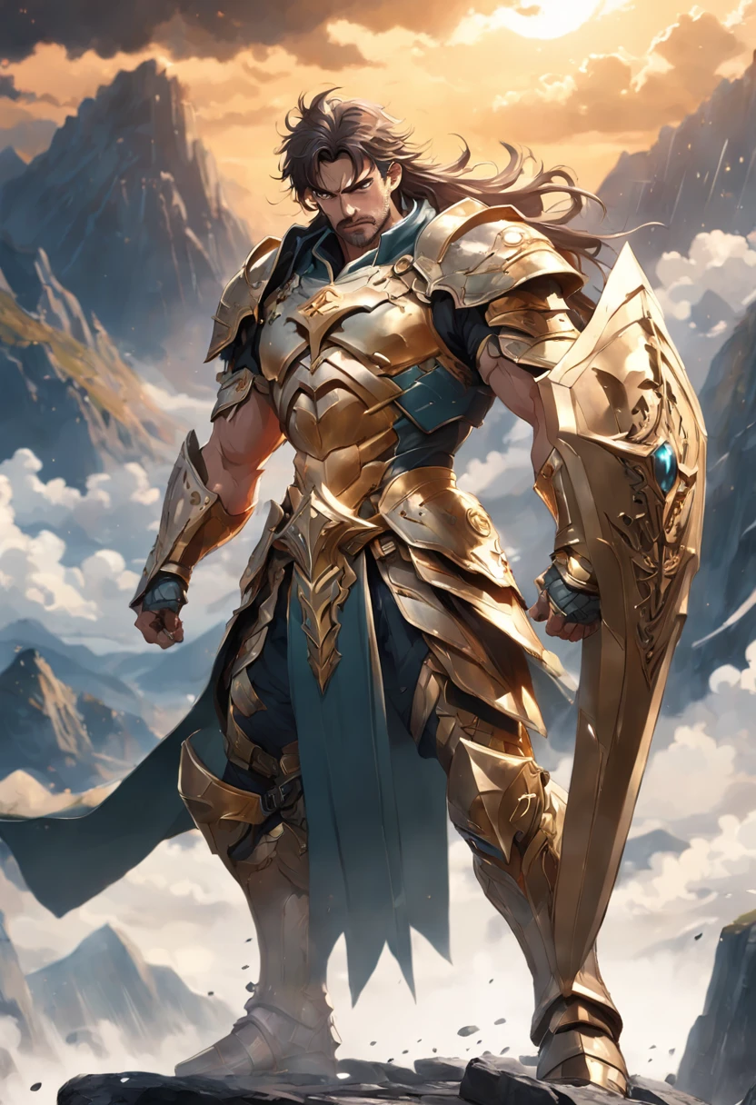 A man in armor standing on a rock with a sword - SeaArt AI