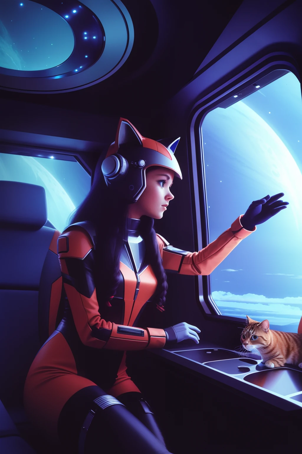 In the cabin of a spaceship, a girl in a futuristic costume holds a cat