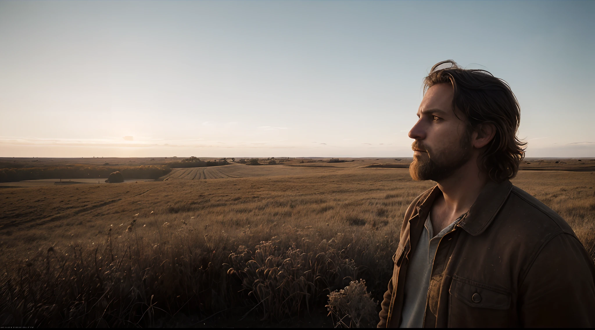 A man 40 years old with hair and a beard of brown color gazes at the horizon and thinks about his entire life, 1 man in the scene, a country scene, there is a lot of dust in the wind, calm and peaceful composition, wide-angle camera scene, contemplative scene, pastel colors, full body shot, sunny and daylight, movie perspective, high definition, intricate details, dynamic composition, volumetric light, RAW, masterpiece, Fujifilm XT3, shadow contrast, photorealistic