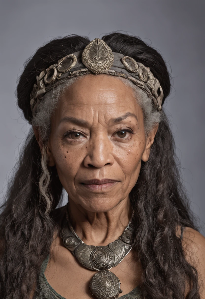 Portrait Photography, face shot of a mix between Bill Cosby and Gina Torres as a medieval fantasy 50 year-old blasian female snake shaman, wrinkly, old, revolting looks, long matted greying dreadlocks, elaborate hairstyle, big intricate tribal druidic tiara adorned with tiny bones and lion fangs, solemn expression, bags under the eyes, medieval fantasy tribal elaborate shaman clothes, adorned with pendants, in a medieval fantasy cavern, The colors are masterfully captured by Nikon D850 and a Nikon AF-S NIKKOR 70-200mm f/2.8E FL ED VR lens, Peter Jackson, fantasy, historical