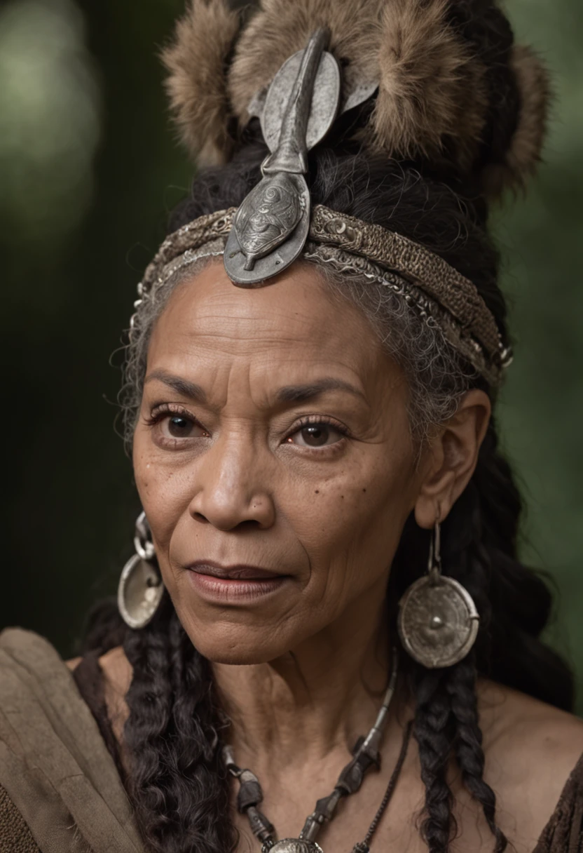 Portrait Photography, face shot of a mix between Bill Cosby and Gina Torres as a medieval fantasy 50 year-old blasian female snake shaman, wrinkly, old, revolting looks, long matted greying dreadlocks, elaborate hairstyle, big intricate tribal druidic tiara adorned with tiny bones and lion fangs, solemn expression, bags under the eyes, medieval fantasy tribal elaborate shaman clothes, adorned with pendants, in a medieval fantasy cavern, The colors are masterfully captured by Nikon D850 and a Nikon AF-S NIKKOR 70-200mm f/2.8E FL ED VR lens, Peter Jackson, fantasy, historical