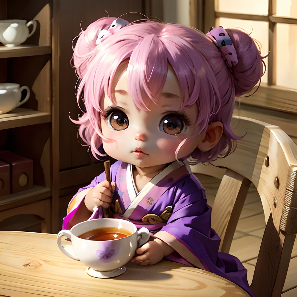 Cute baby chibi anime, purple and pink kimono, sit in the tea cup