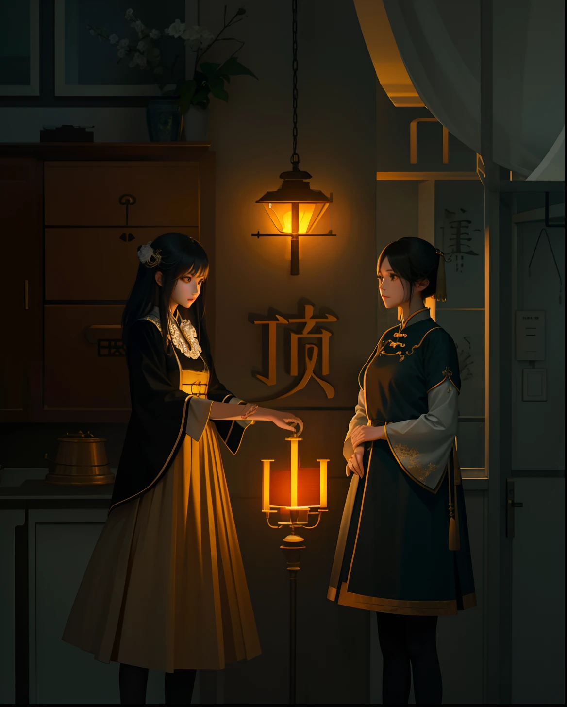 Take the three words of Pingdingshan。Generate beautiful women's clothes,lamplight,effect,
